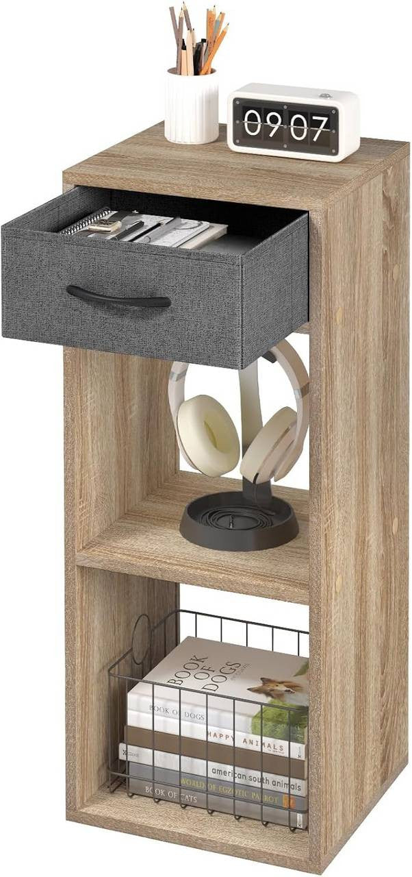 24goodz Bookcase with 3 Levels, 1 Fabric Drawer, 2 Cubes - Space-Saving Design - E1 Wood Material - For Home & Office - Light Oak