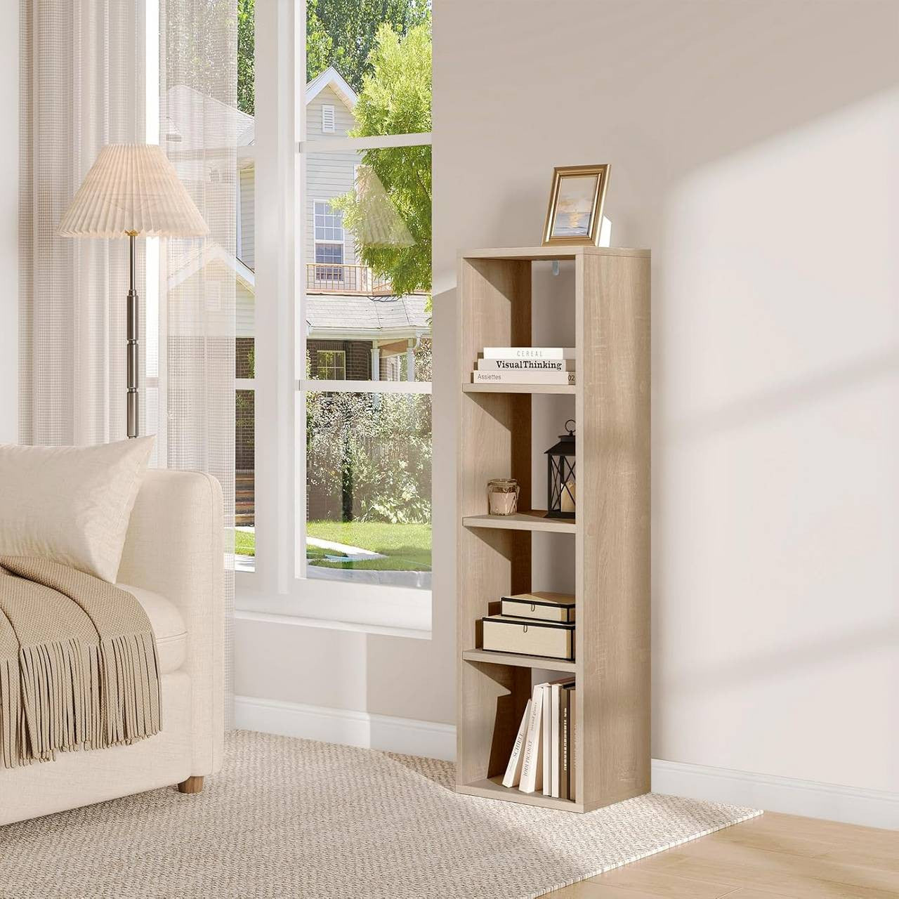 24goodz 4-Tier Bookshelf - Ample Storage Space - Stable and Safe - Melamine Coated Wood - For All Rooms - White/Light Oak