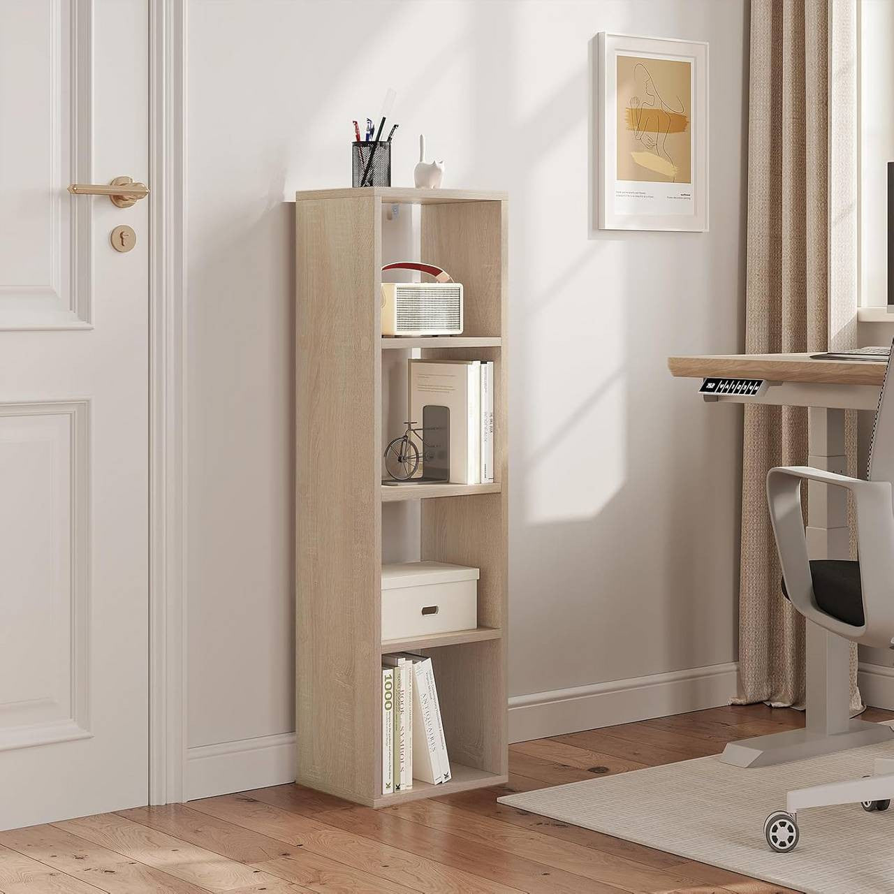 24goodz 4-Tier Bookshelf - Ample Storage Space - Stable and Safe - Melamine Coated Wood - For All Rooms - White/Light Oak