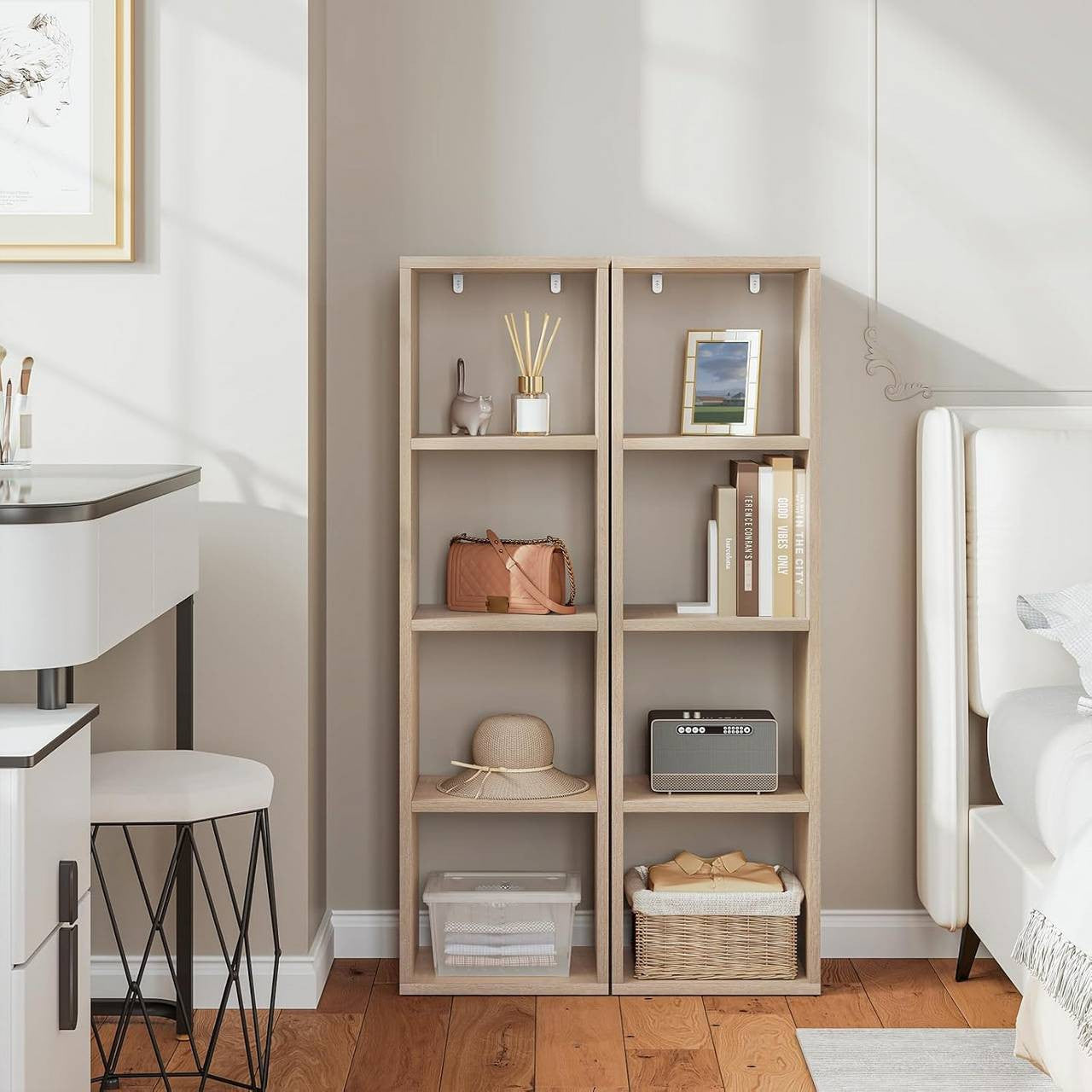 24goodz 4-Tier Bookshelf - Ample Storage Space - Stable and Safe - Melamine Coated Wood - For All Rooms - White/Light Oak