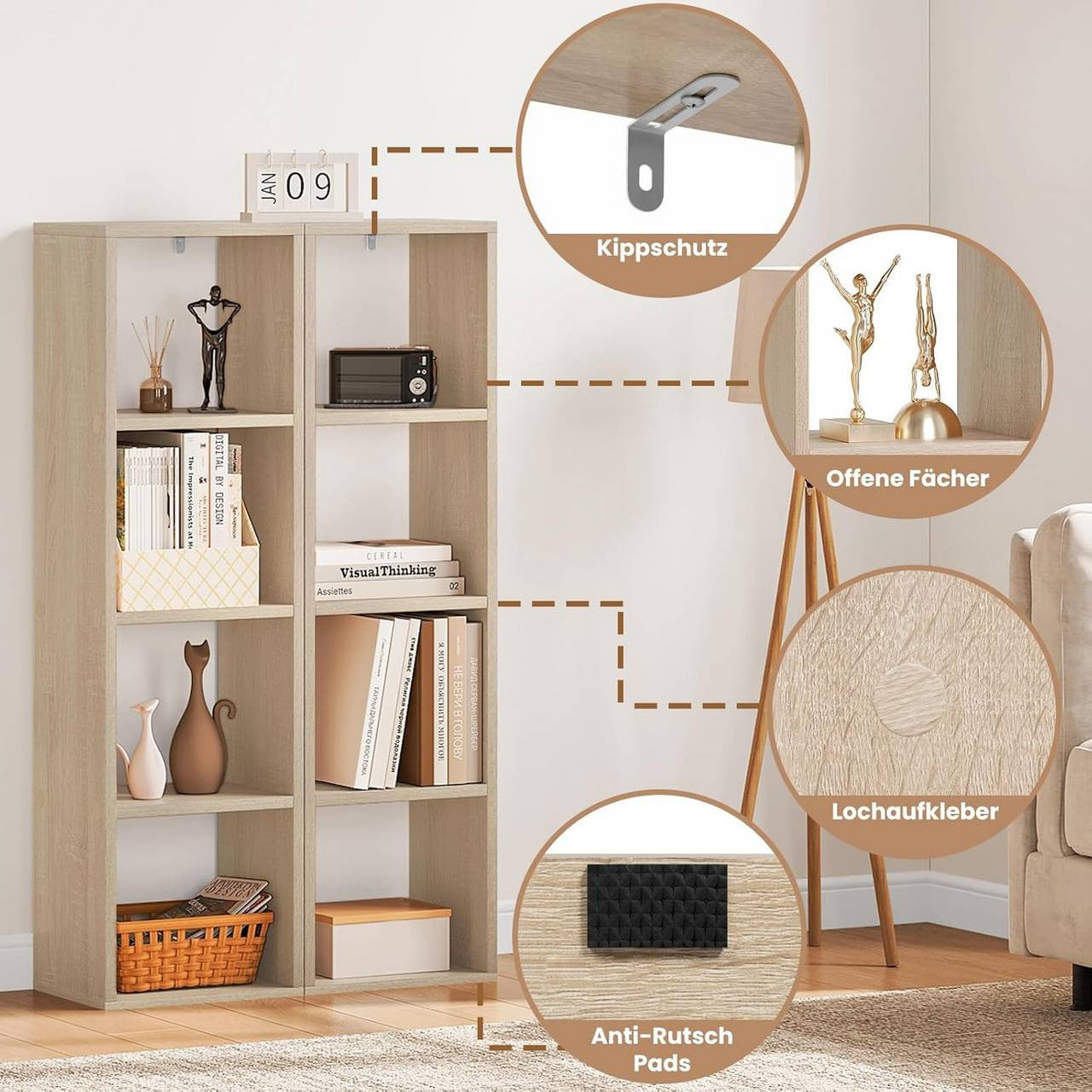 24goodz 4-Tier Bookshelf - Ample Storage Space - Stable and Safe - Melamine Coated Wood - For All Rooms - White/Light Oak