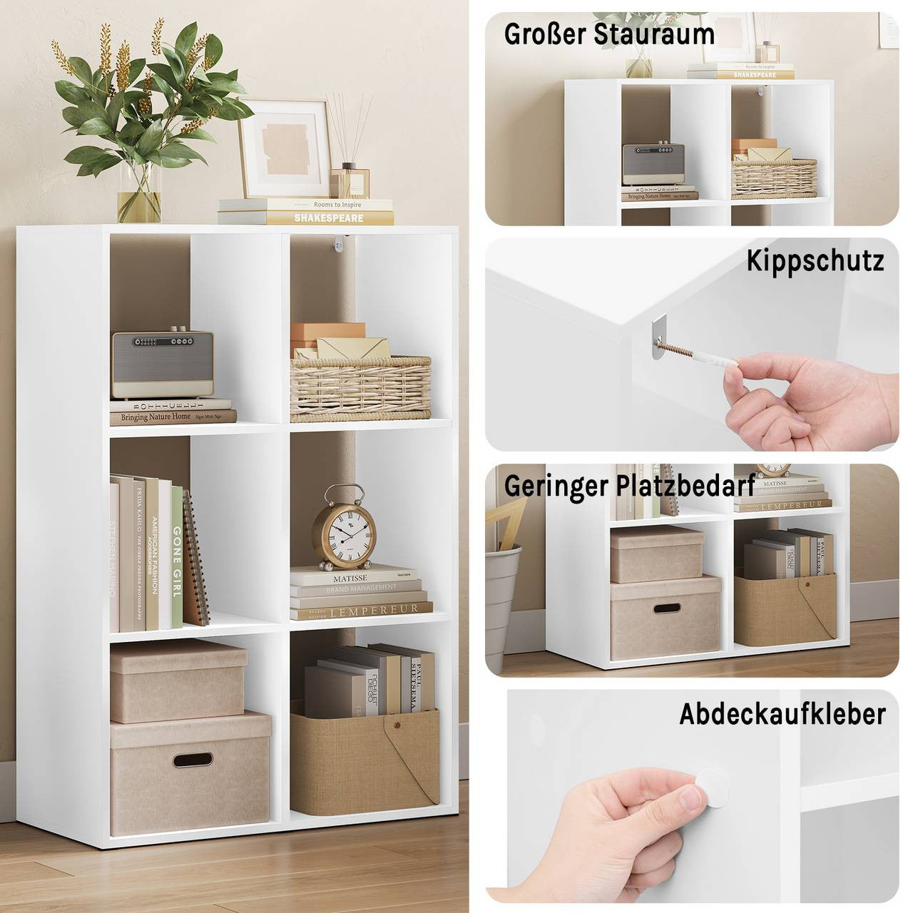 24goodz Bookcase with 6 Cubes - Sturdy and Safe Construction - E1 Grade Wood - For Home and Office - White