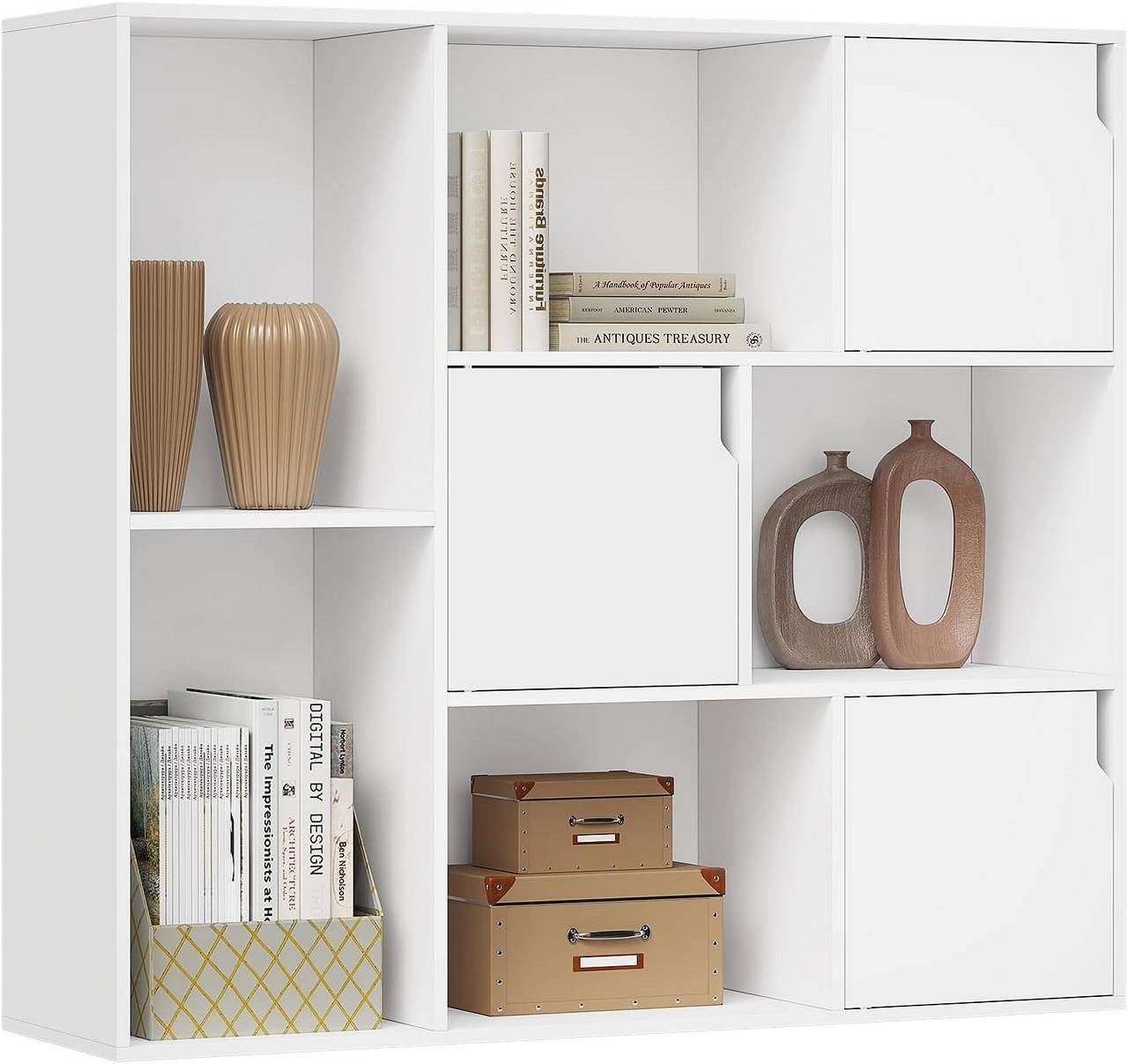 24goodz Bookshelf with 8 Compartments and 3 Doors - Versatile Storage Solution - E1 Wood Material - For Home and Office - White/Rustic Brown - 106 x 96 x 30 cm