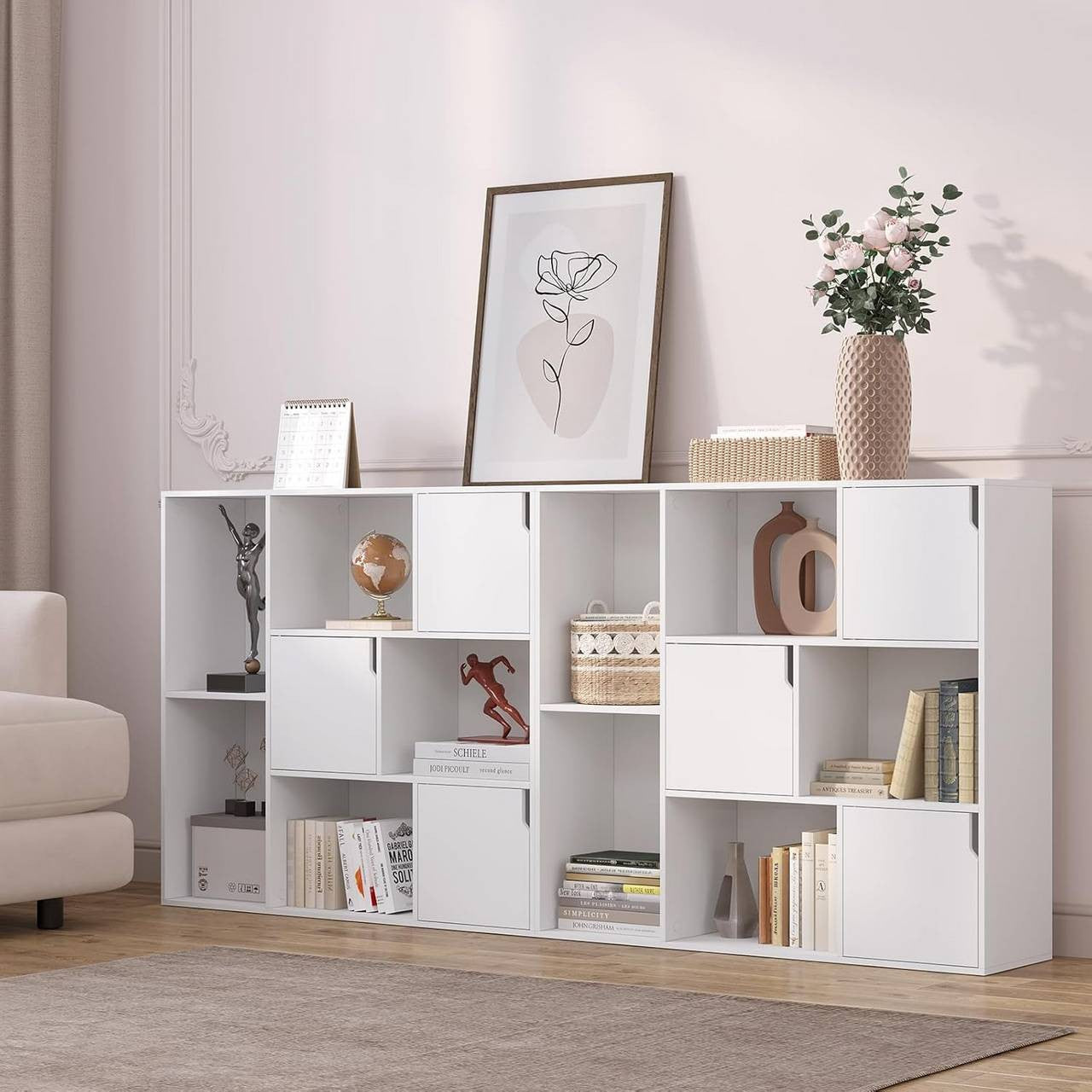 24goodz Bookshelf with 8 Compartments and 3 Doors - Versatile Storage Solution - E1 Wood Material - For Home and Office - White/Rustic Brown - 106 x 96 x 30 cm