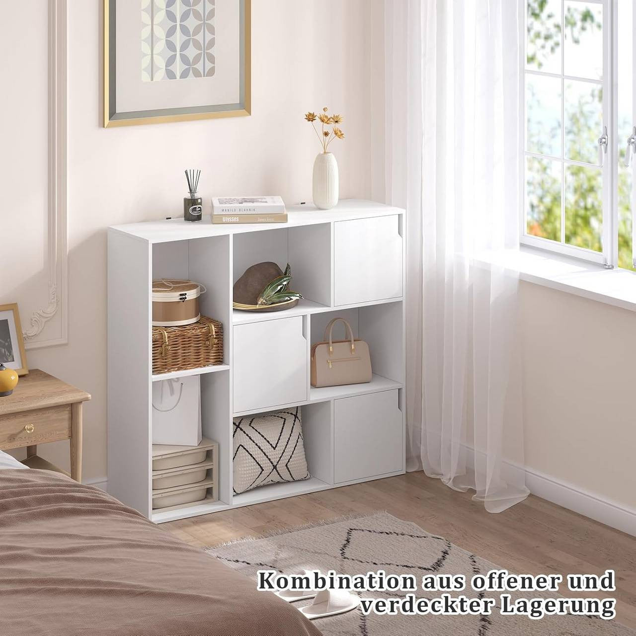 24goodz Bookshelf with 8 Compartments and 3 Doors - Versatile Storage Solution - E1 Wood Material - For Home and Office - White/Rustic Brown - 106 x 96 x 30 cm