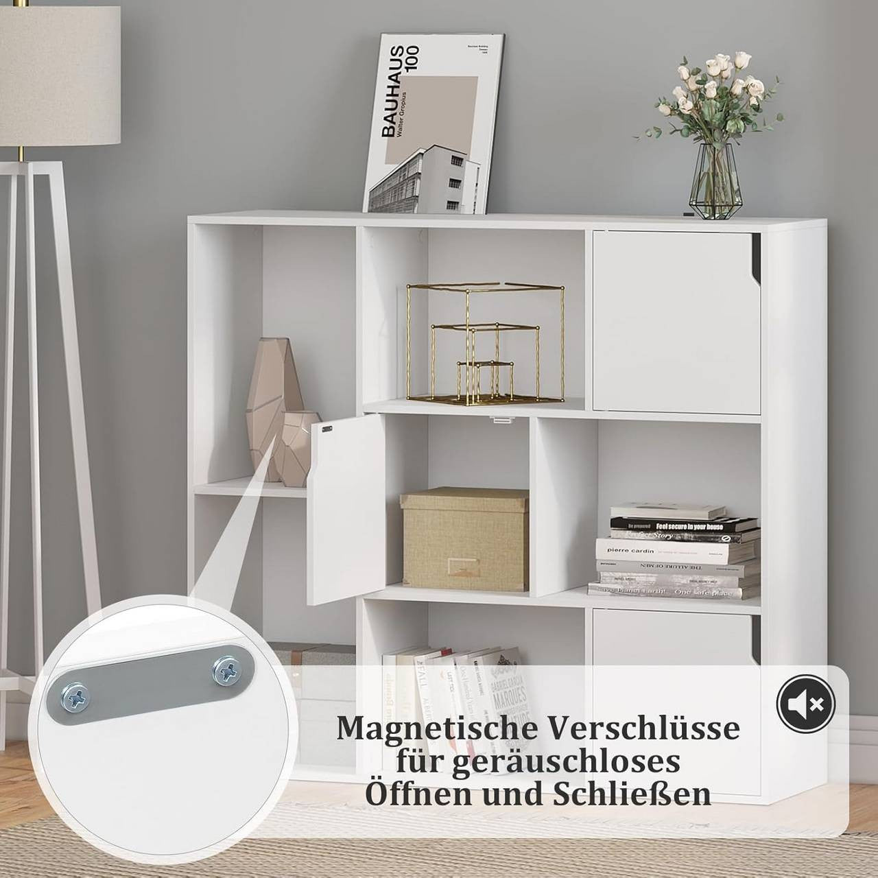 24goodz Bookshelf with 8 Compartments and 3 Doors - Versatile Storage Solution - E1 Wood Material - For Home and Office - White/Rustic Brown - 106 x 96 x 30 cm