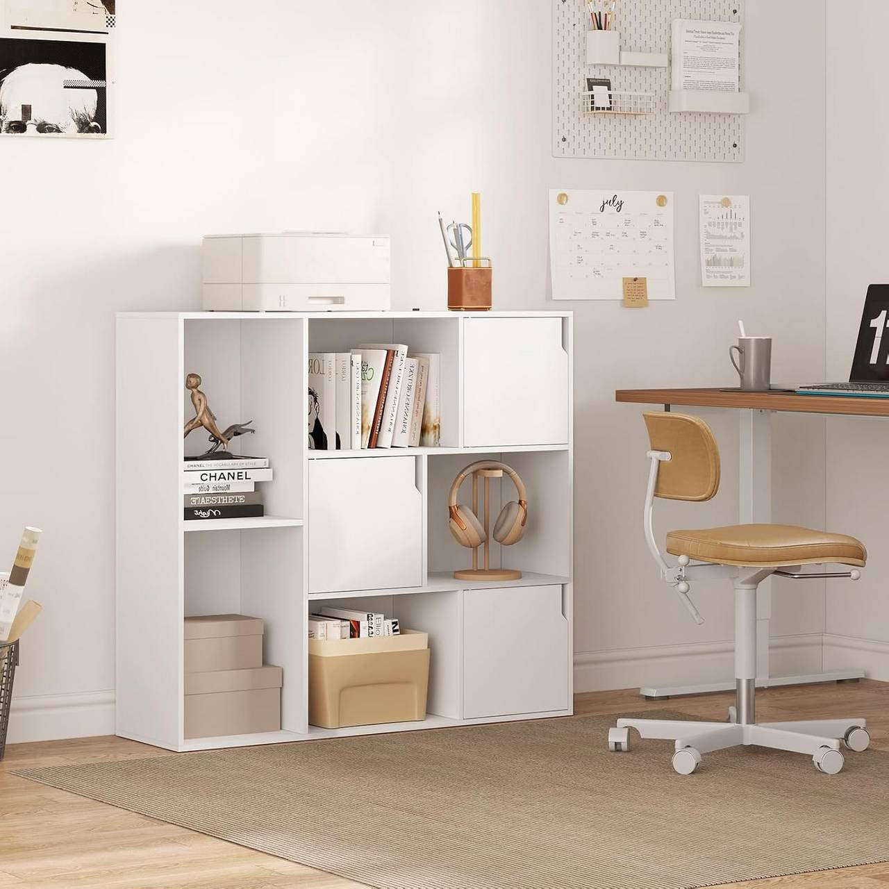 24goodz Bookshelf with 8 Compartments and 3 Doors - Versatile Storage Solution - E1 Wood Material - For Home and Office - White/Rustic Brown - 106 x 96 x 30 cm