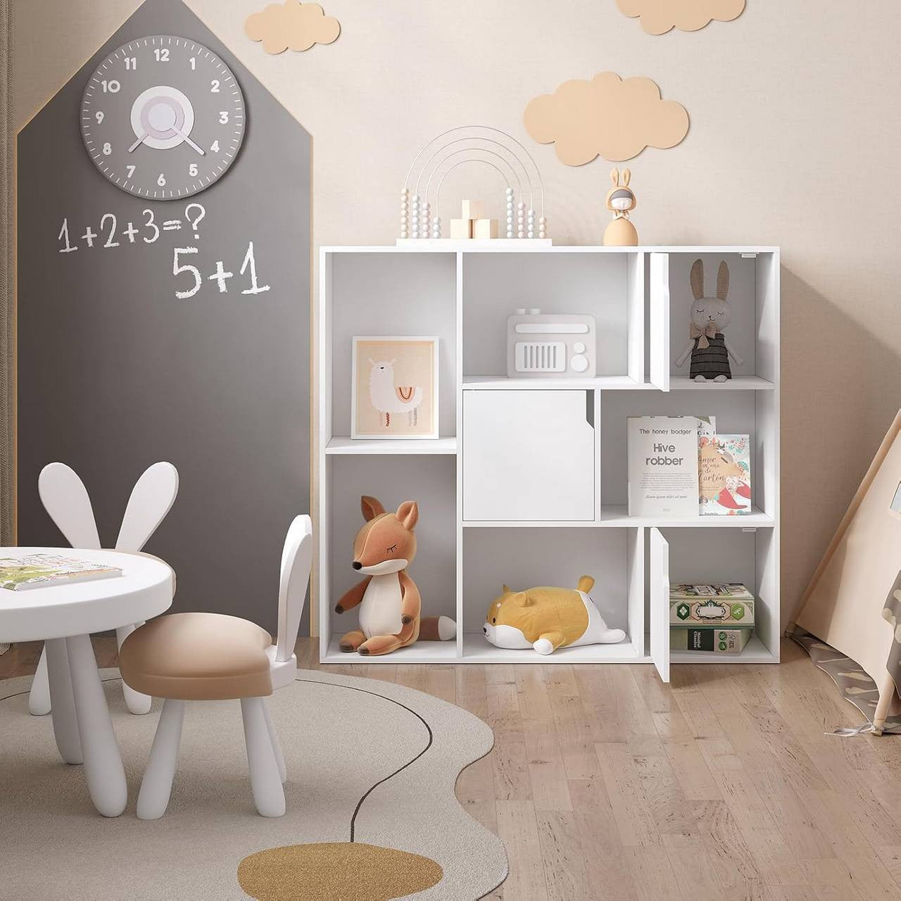 24goodz Bookshelf with 8 Compartments and 3 Doors - Versatile Storage Solution - E1 Wood Material - For Home and Office - White/Rustic Brown - 106 x 96 x 30 cm