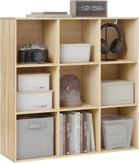 24goodz Open Bookshelf with 9 Cubes - Space-Saving Design - Durable E1 Wood - For Home and Office - White/Light Oak