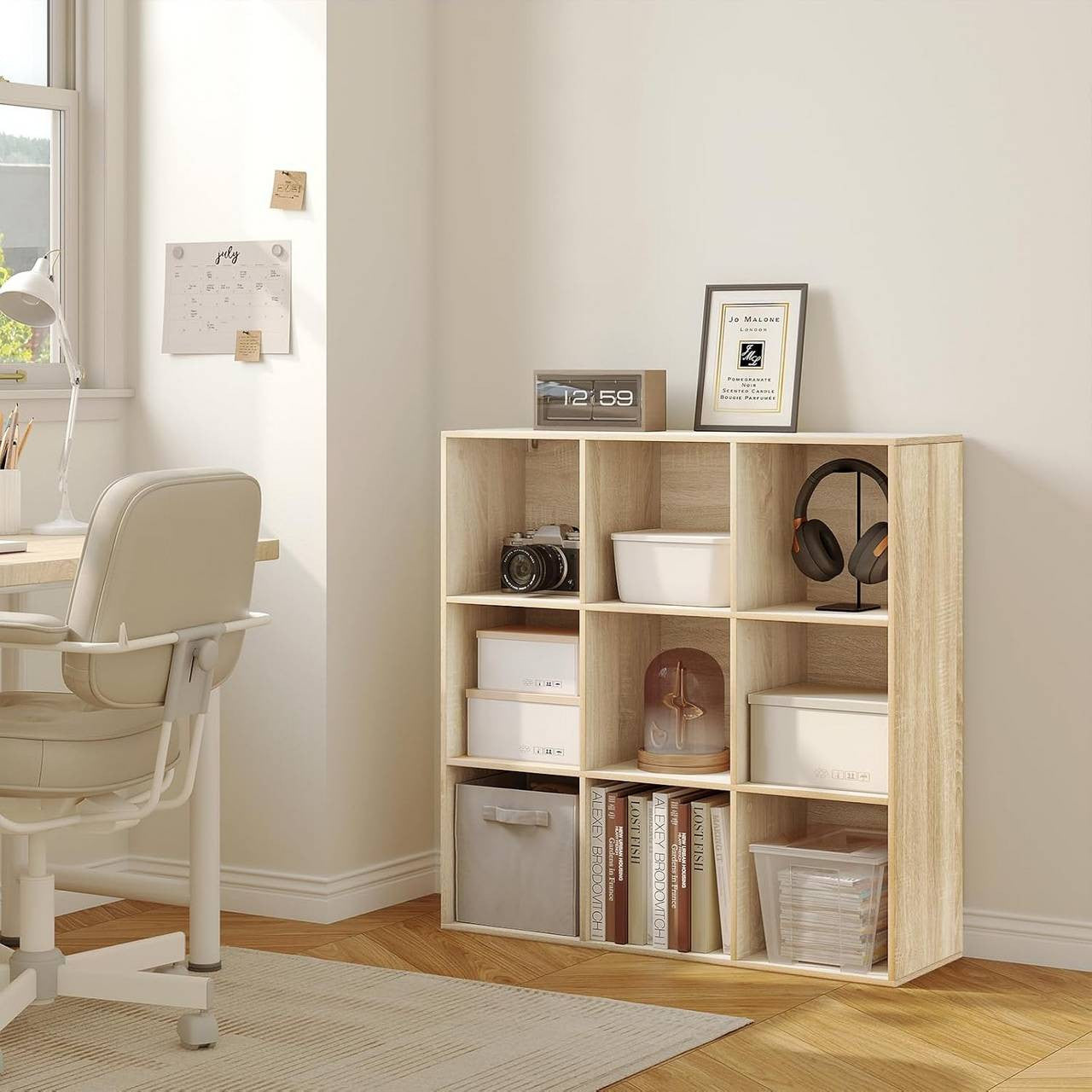 24goodz Open Bookshelf with 9 Cubes - Space-Saving Design - Durable E1 Wood - For Home and Office - White/Light Oak