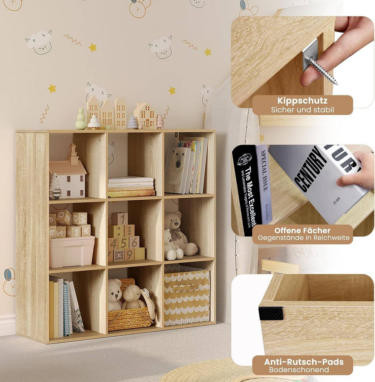24goodz Cube Shelf with 9 Compartments - Ample Storage Space - E1 Wood Material - For Home and Office - Light Oak
