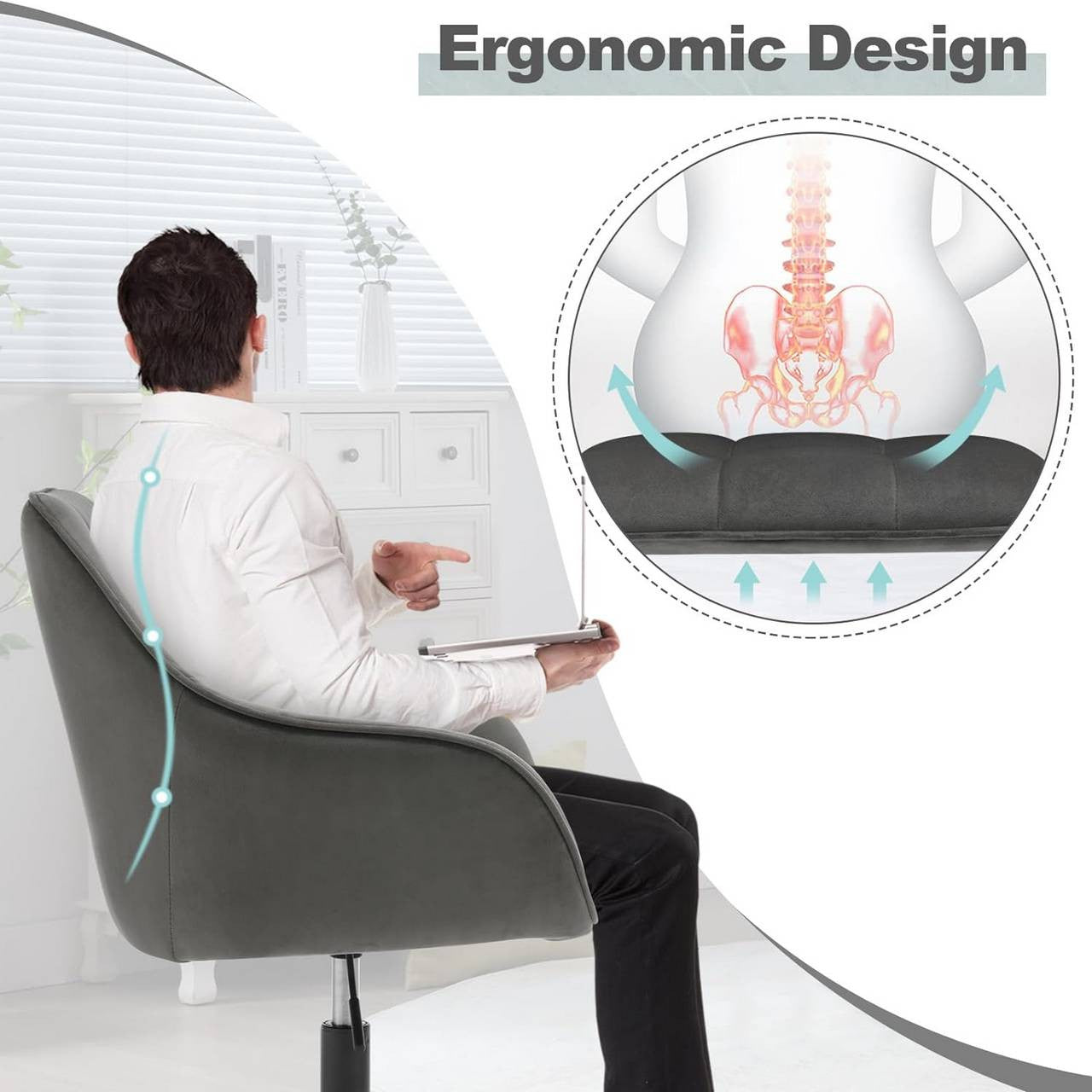 24goodz Ergonomic Office Chair - Stylish & Versatile - Velvet - For Home Office & Makeup - Dark Grey