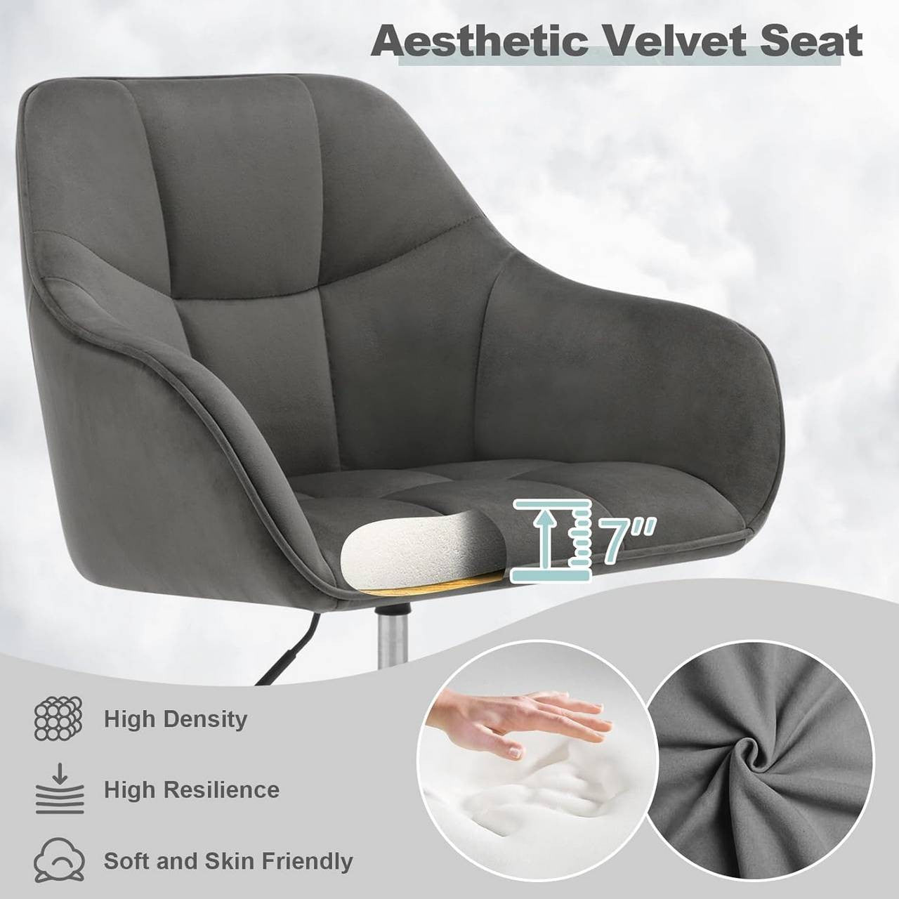 24goodz Ergonomic Office Chair - Stylish & Versatile - Velvet - For Home Office & Makeup - Dark Grey