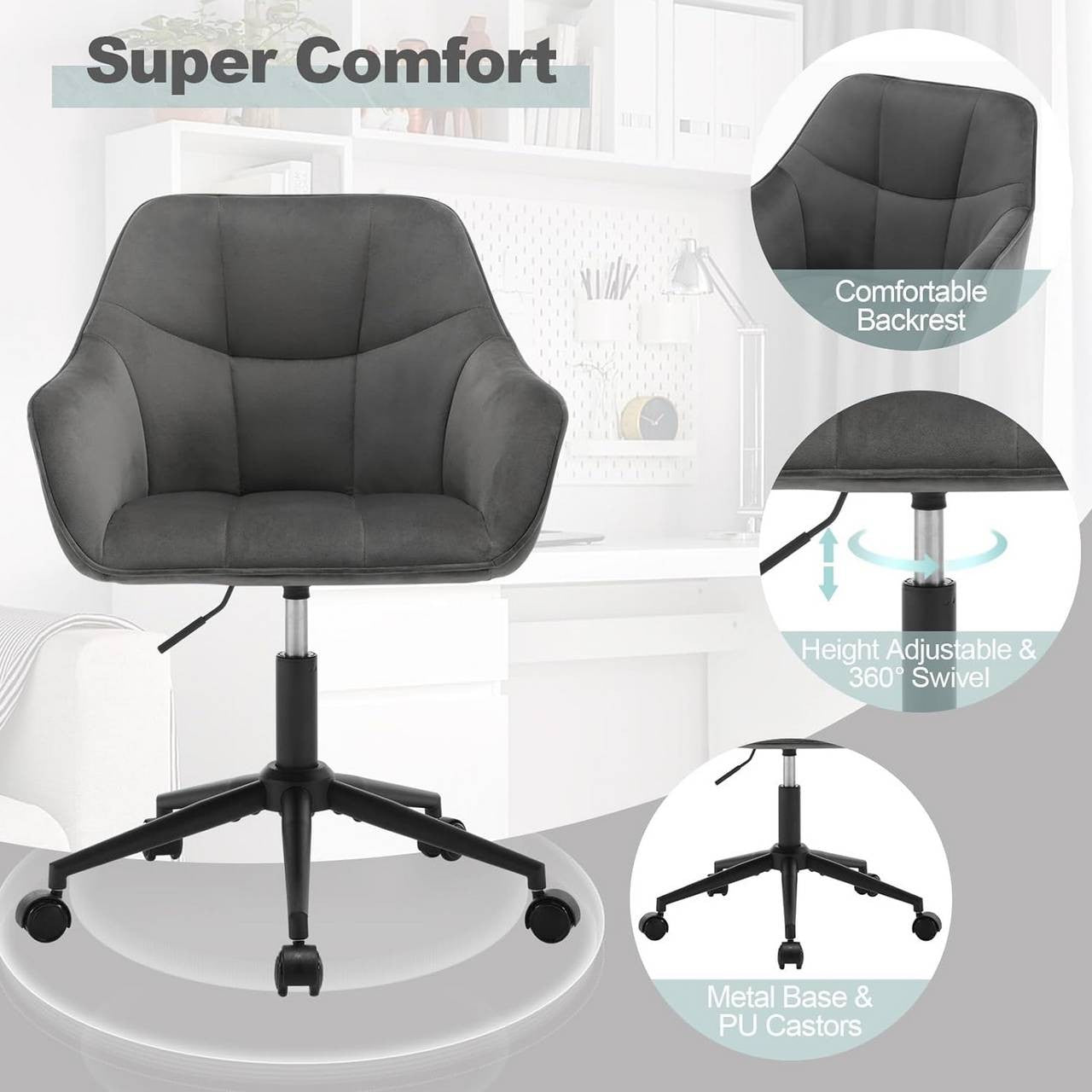 24goodz Ergonomic Office Chair - Stylish & Versatile - Velvet - For Home Office & Makeup - Dark Grey