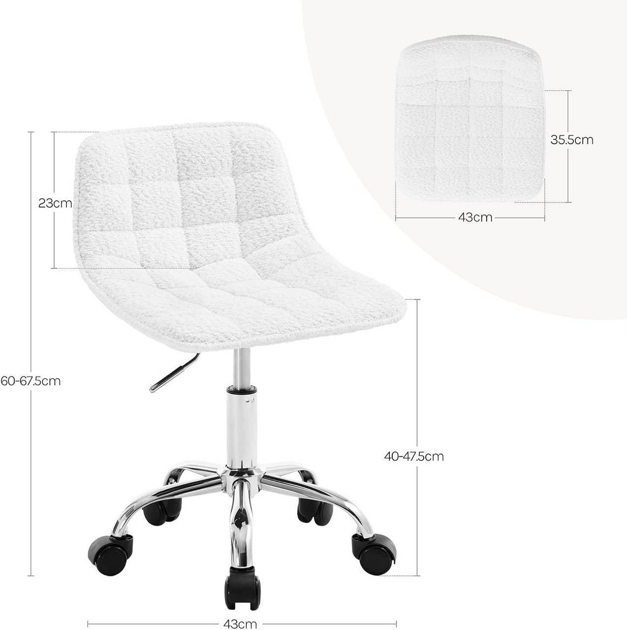 24goodz Ergonomic Office Chair with Wheels - Comfortable Seating - Versatile Design - Chenille - White - 43 x (60-67,5) x 50 cm