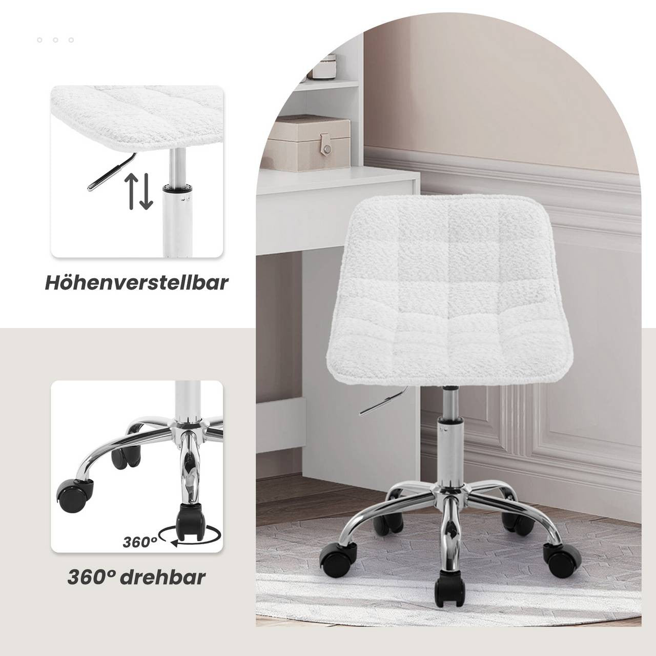24goodz Ergonomic Office Chair with Wheels - Comfortable Seating - Versatile Design - Chenille - White - 43 x (60-67,5) x 50 cm