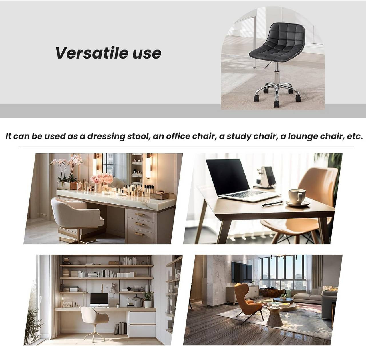 24goodz Velvet Office Stool with Wheels - Ergonomic Design - Comfortable Seating - Velvet - For Home and Office - Dark Grey