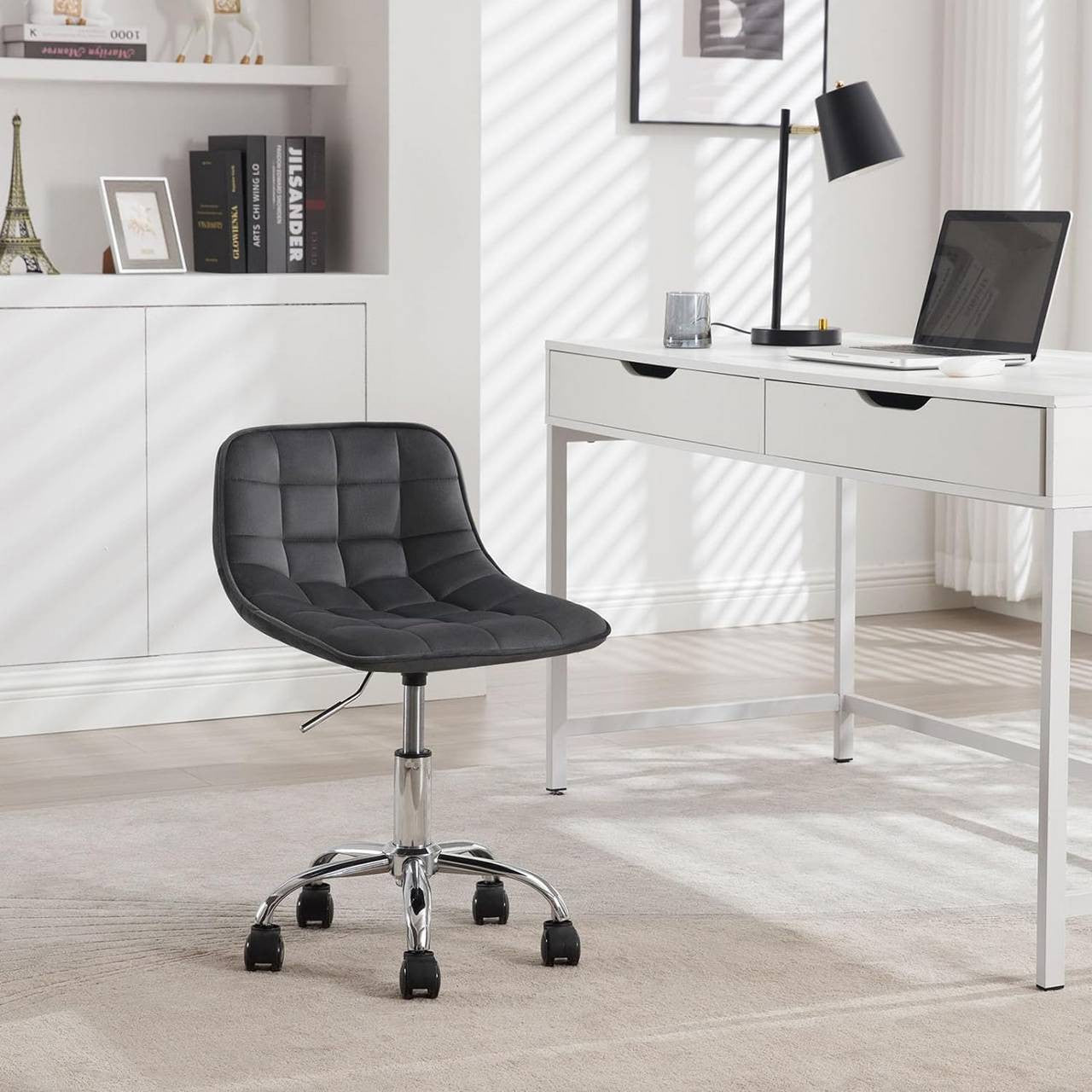 24goodz Velvet Office Stool with Wheels - Ergonomic Design - Comfortable Seating - Velvet - For Home and Office - Dark Grey