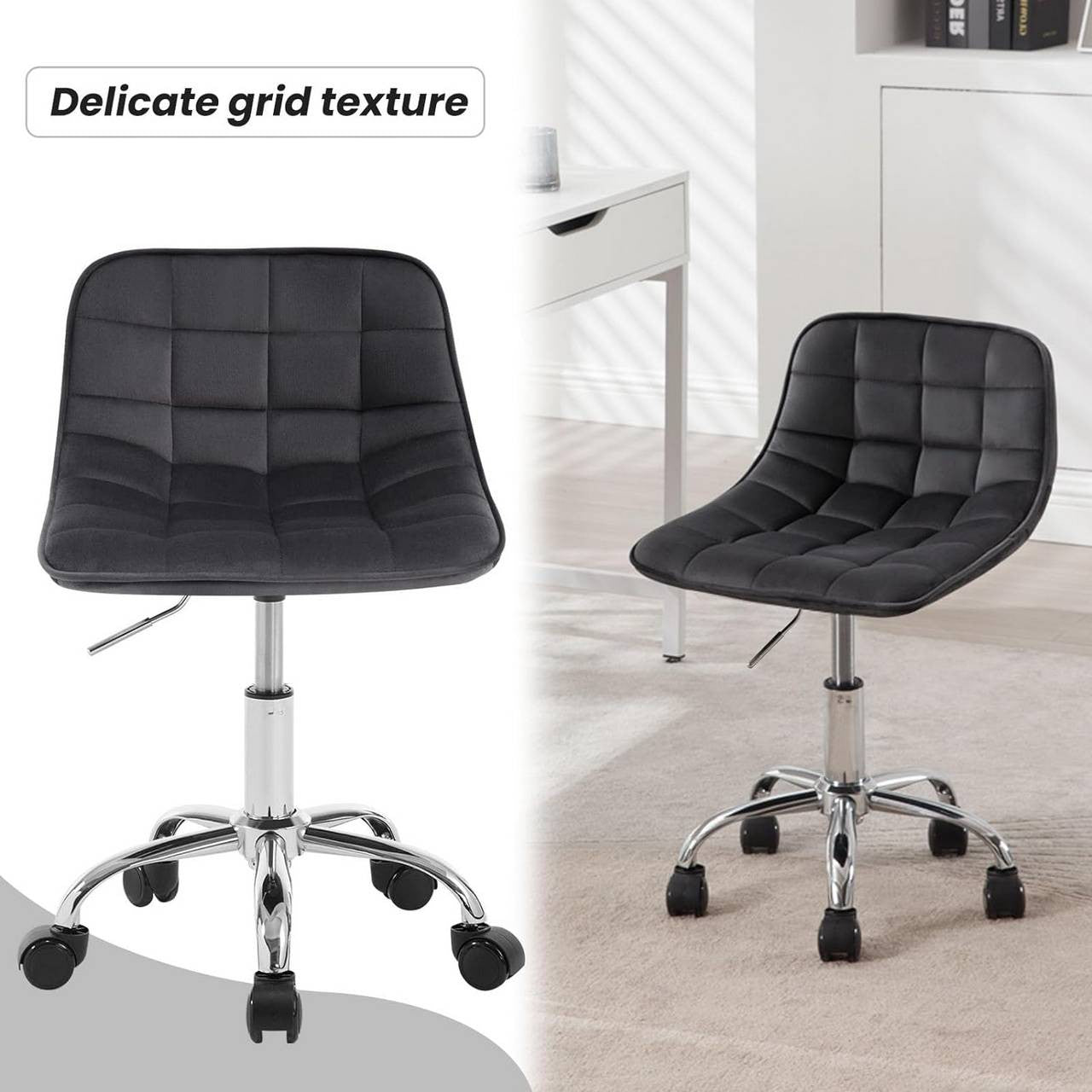 24goodz Velvet Office Stool with Wheels - Ergonomic Design - Comfortable Seating - Velvet - For Home and Office - Dark Grey