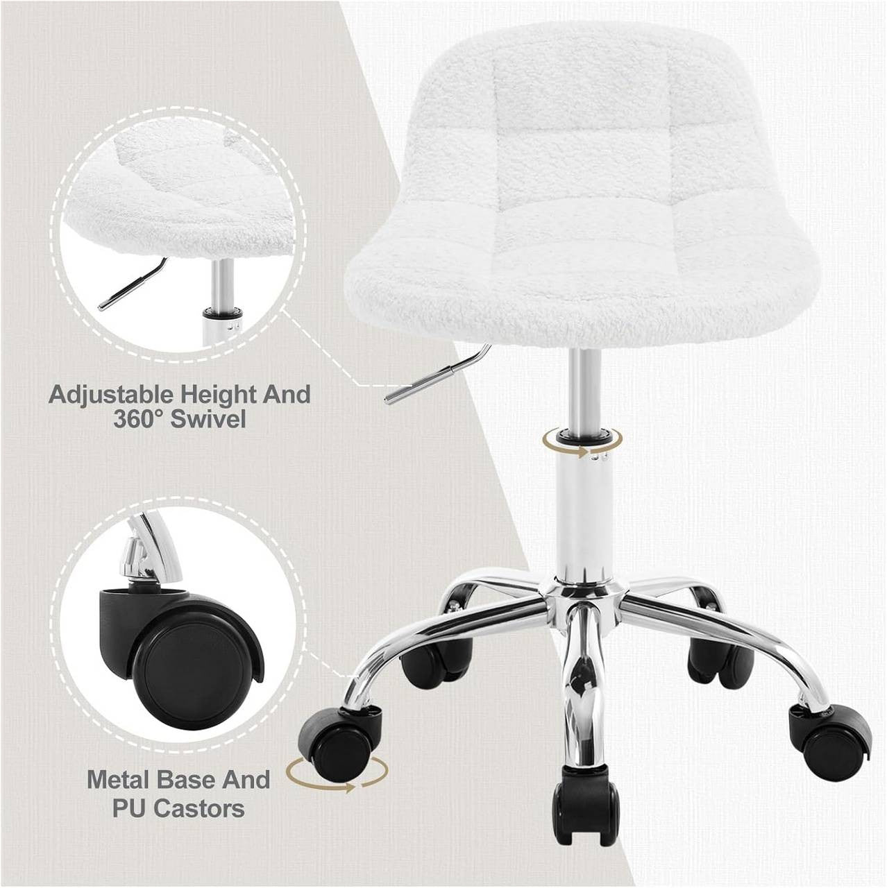 24goodz Adjustable Office Stool with Wheels - Stylish & Comfortable - Ergonomic Design - Chenille - White