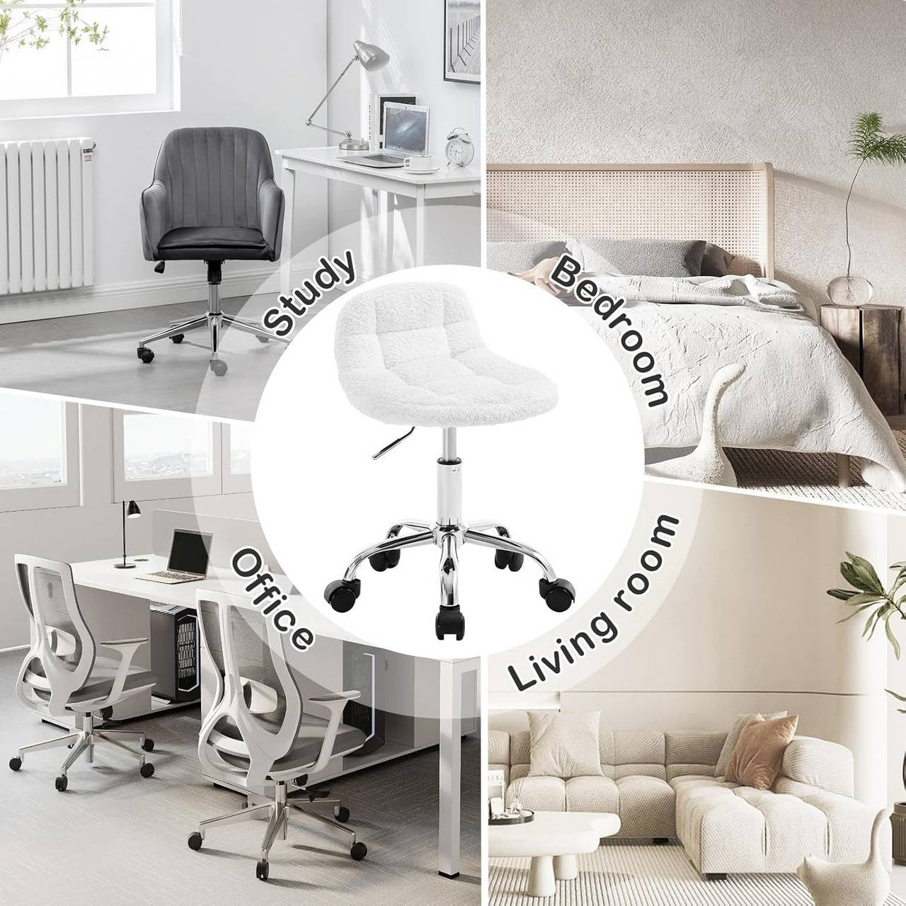 24goodz Adjustable Office Stool with Wheels - Stylish & Comfortable - Ergonomic Design - Chenille - White