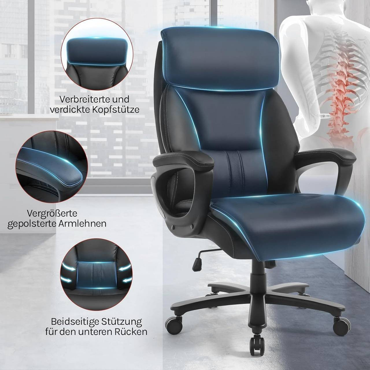 24goodz Ergonomic Office Chair - Exceptional Comfort - Durable PU Material - 150 kg Capacity - Black - Dimensions: 72 x (119-127) x 86 cm