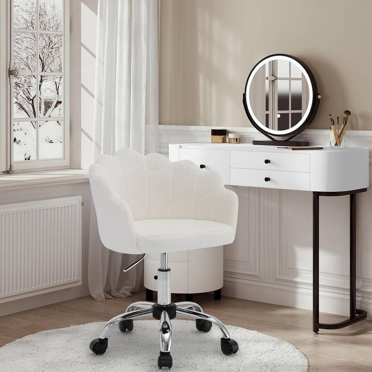 24goodz Elegant Office Chair - Ergonomic Comfort Design - Cashmere Fabric - For Women - Cream White