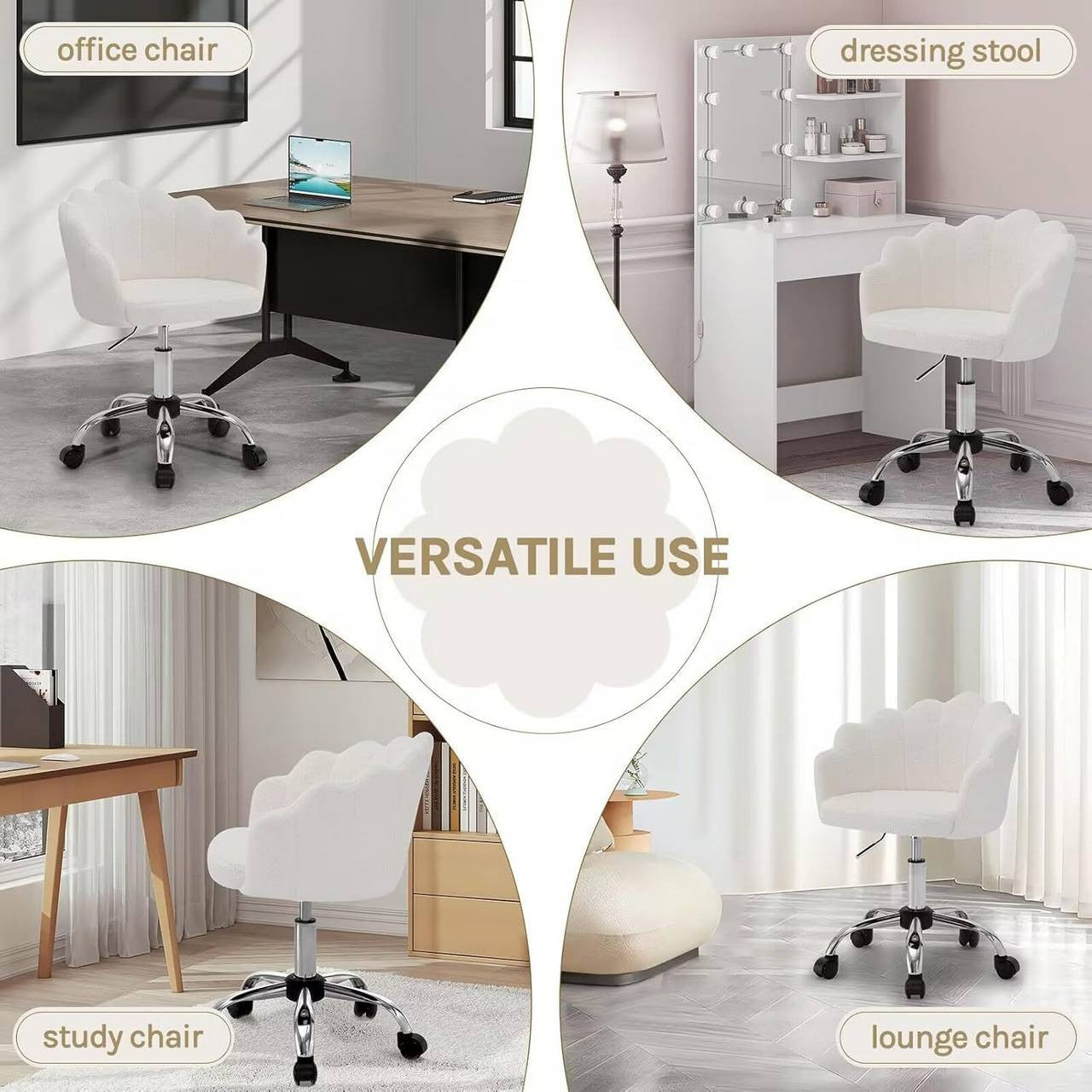 24goodz Elegant Office Chair - Ergonomic Comfort Design - Cashmere Fabric - For Women - Cream White