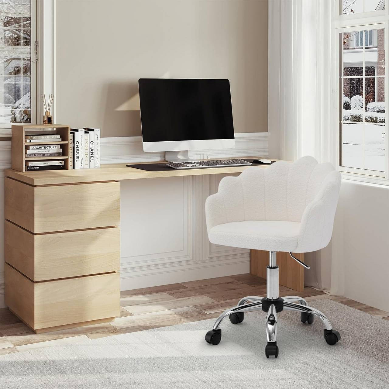 24goodz Elegant Office Chair - Ergonomic Comfort Design - Cashmere Fabric - For Women - Cream White