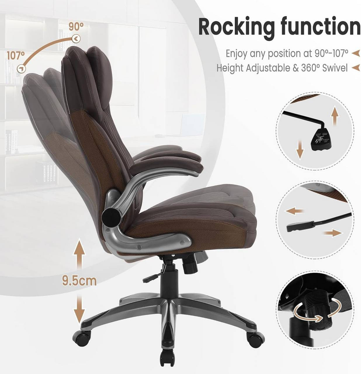 24goodz Ergonomic Executive Chair with Headrest - Ultimate Comfort - Adjustable Height - PU Leather - For Home Office - Black/Brown
