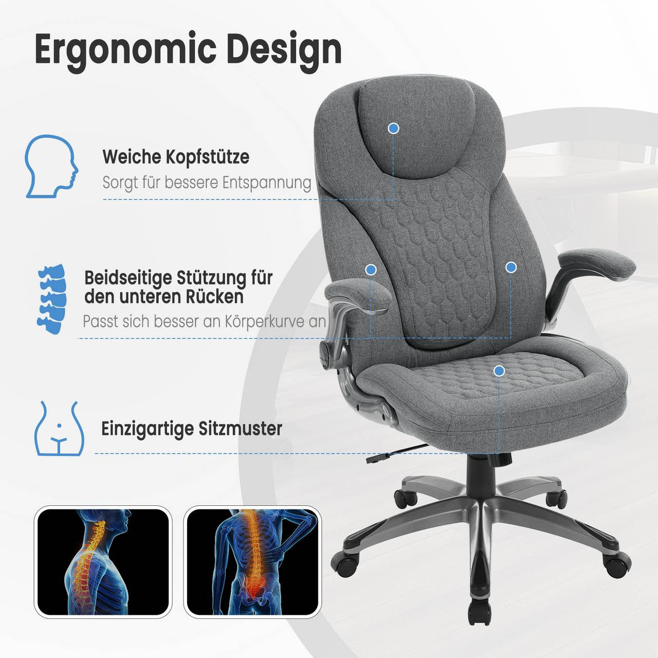 24goodz Ergonomic Office Chair - Ultimate Comfort with Adjustable Height - High-Resilience Foam - For Home Office Use - Grey