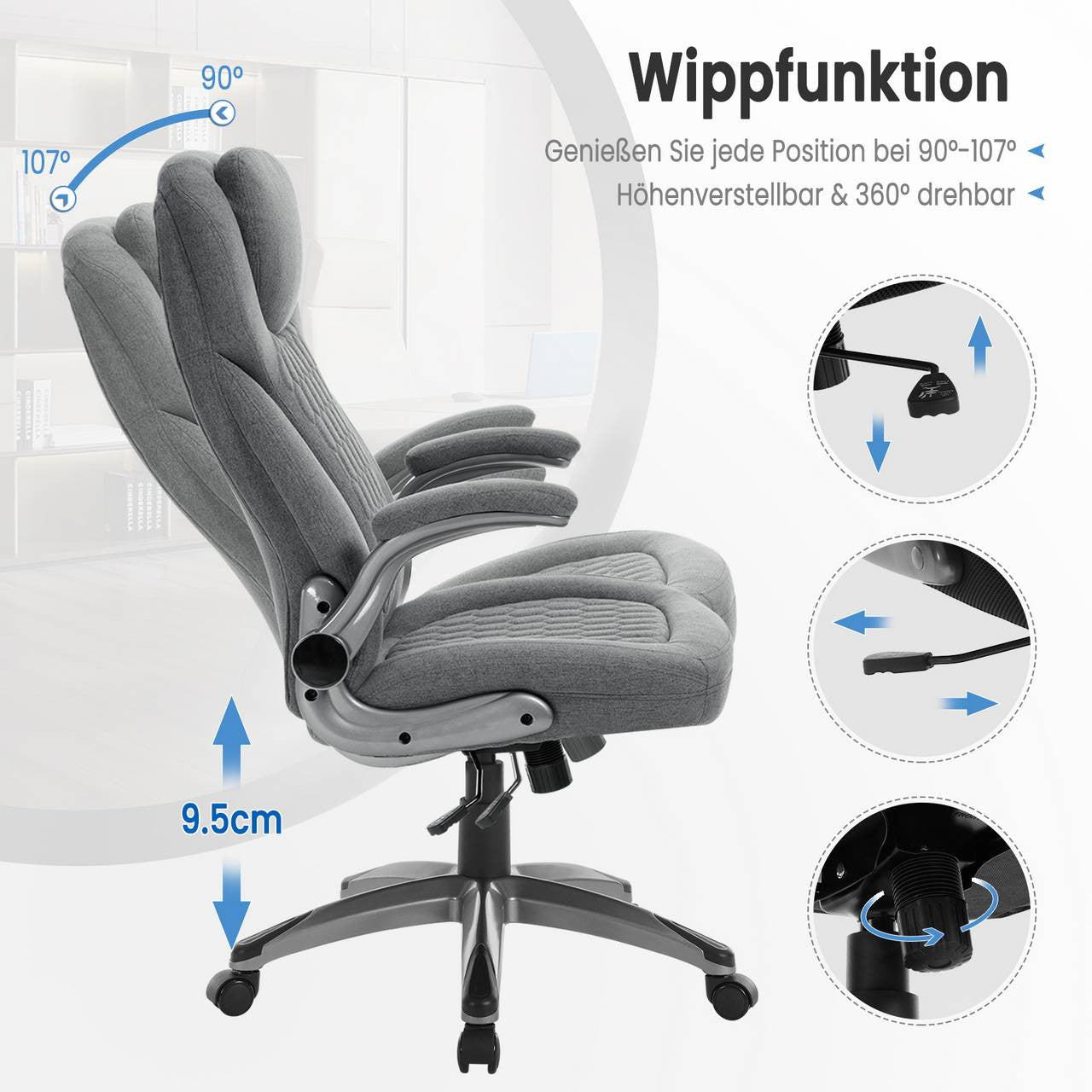 24goodz Ergonomic Office Chair - Ultimate Comfort with Adjustable Height - High-Resilience Foam - For Home Office Use - Grey