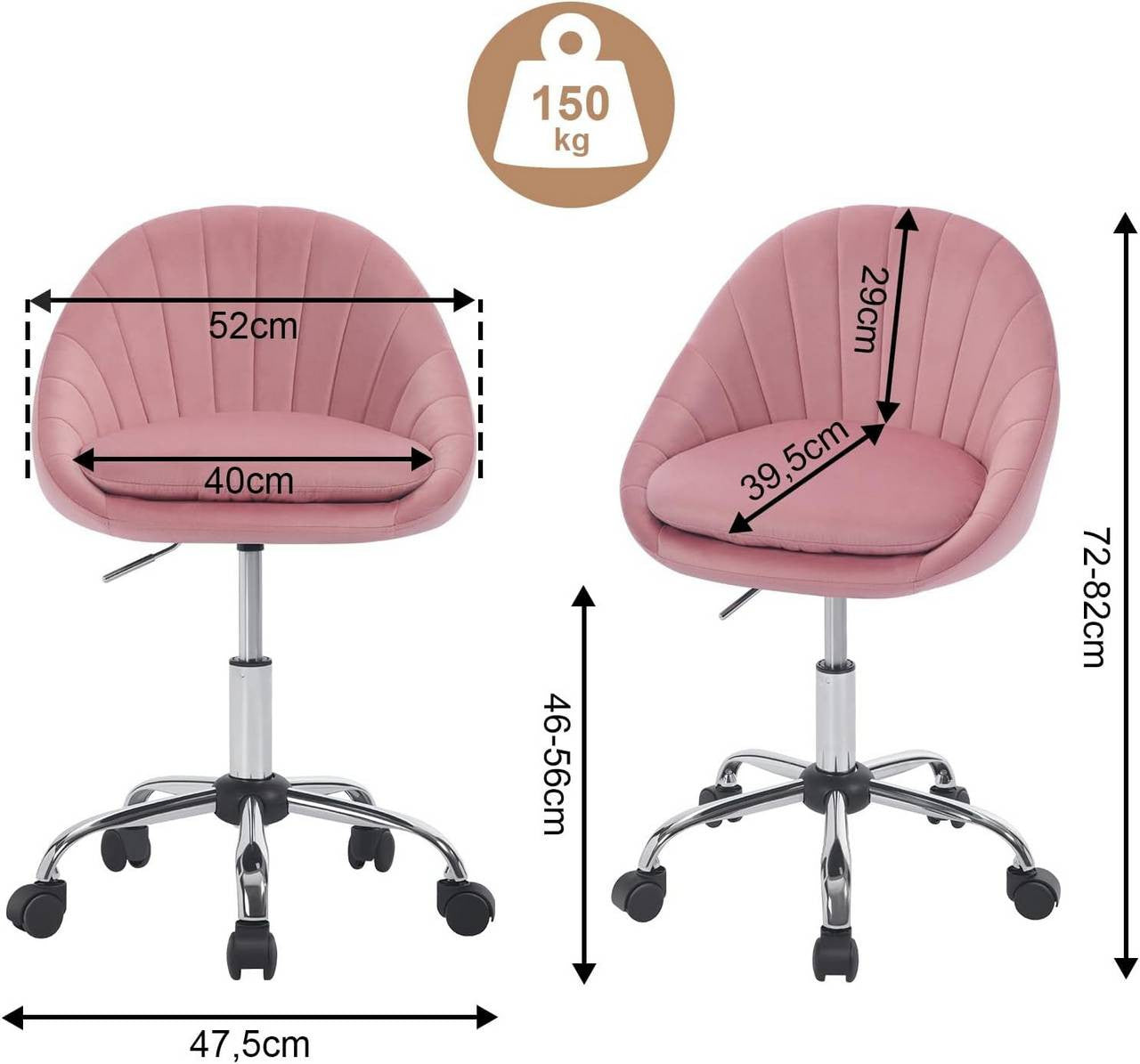 24goodz Ergonomic Office Chair - Stylish Design - Comfortable Double Padding - Velvet - For Home Office - Pink