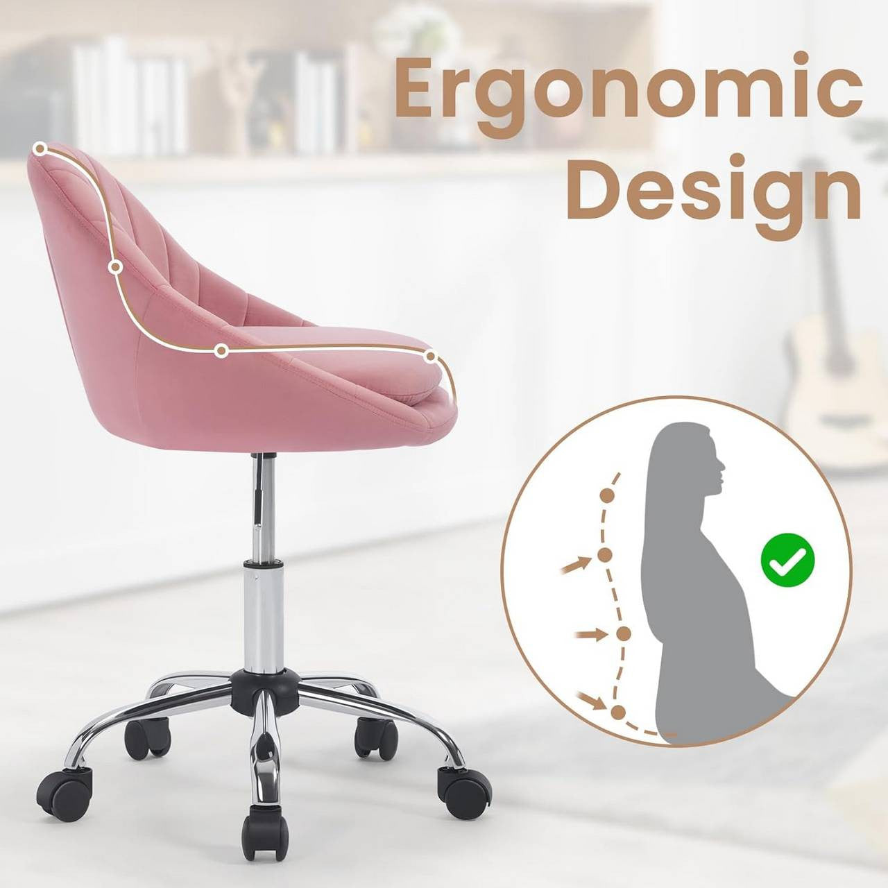 24goodz Ergonomic Office Chair - Stylish Design - Comfortable Double Padding - Velvet - For Home Office - Pink