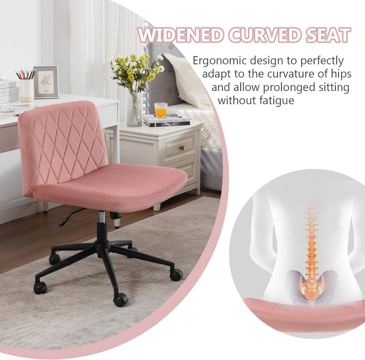 24goodz Velvet Office Chair - Ergonomic Design - Adjustable Height and Tilt - Velvet + Metal - Pink