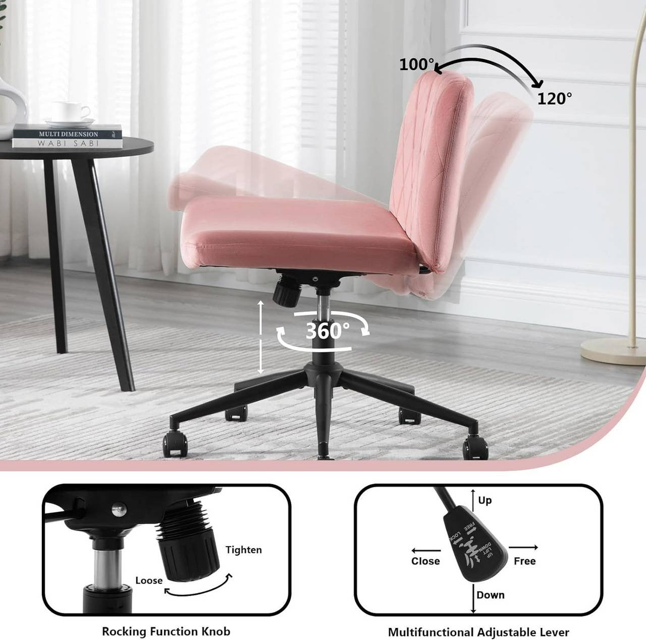24goodz Velvet Office Chair - Ergonomic Design - Adjustable Height and Tilt - Velvet + Metal - Pink