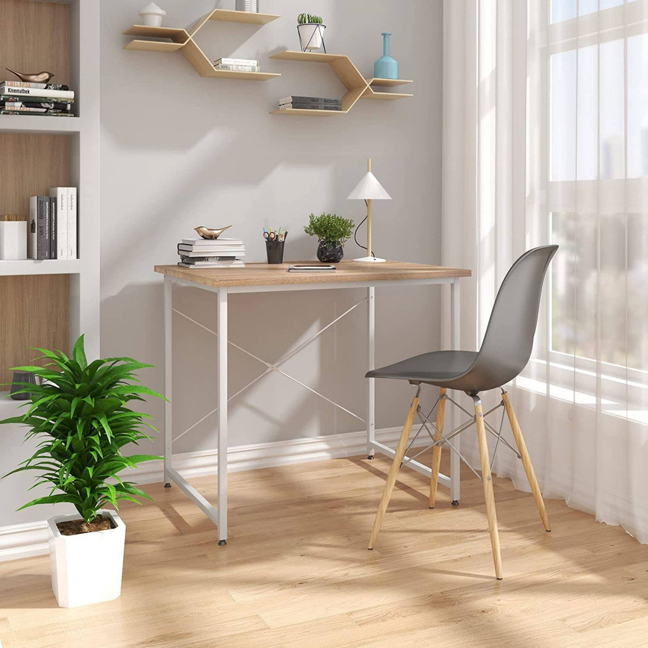 24goodz Office Desk - Stylish Eye-Catcher - Waterproof and Scratch-Resistant - MDF + Metal - For Home and Office - Black/White + Light Oak - whe