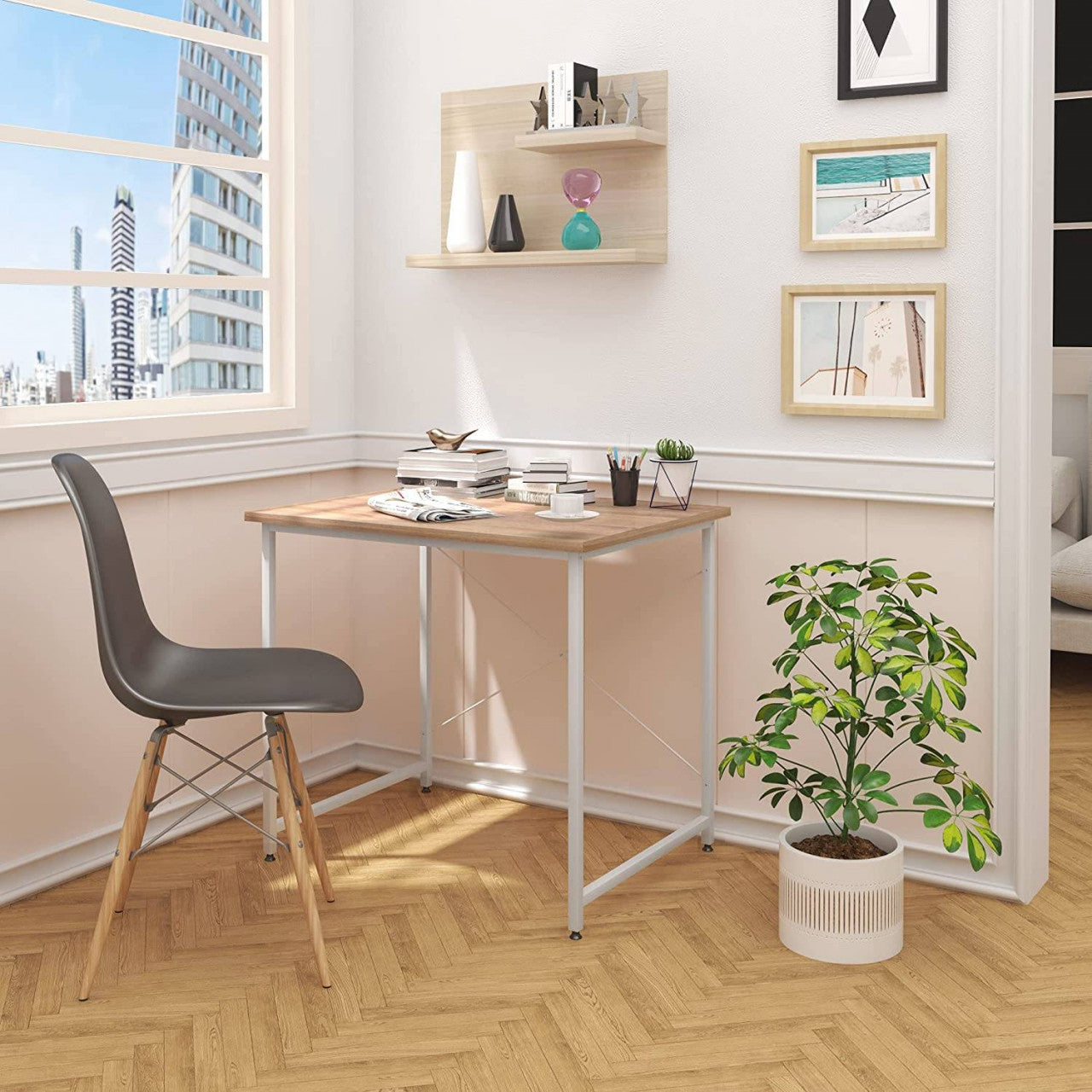 24goodz Office Desk - Stylish Eye-Catcher - Waterproof and Scratch-Resistant - MDF + Metal - For Home and Office - Black/White + Light Oak - whe