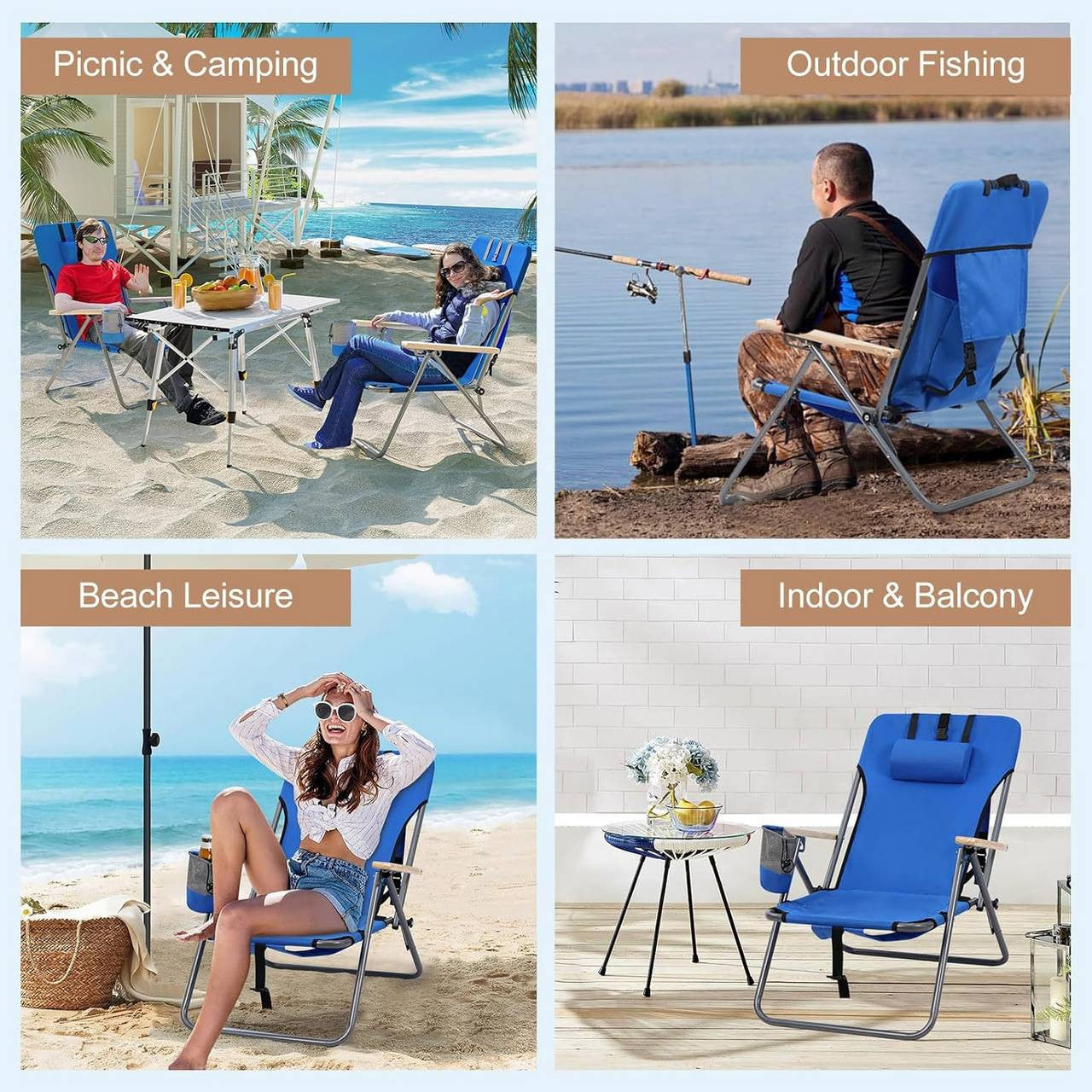 24goodz Folding Camping Chair - 4 Adjustable Reclining Positions - Durable 600D Oxford Fabric - For Outdoor Enthusiasts - Blue