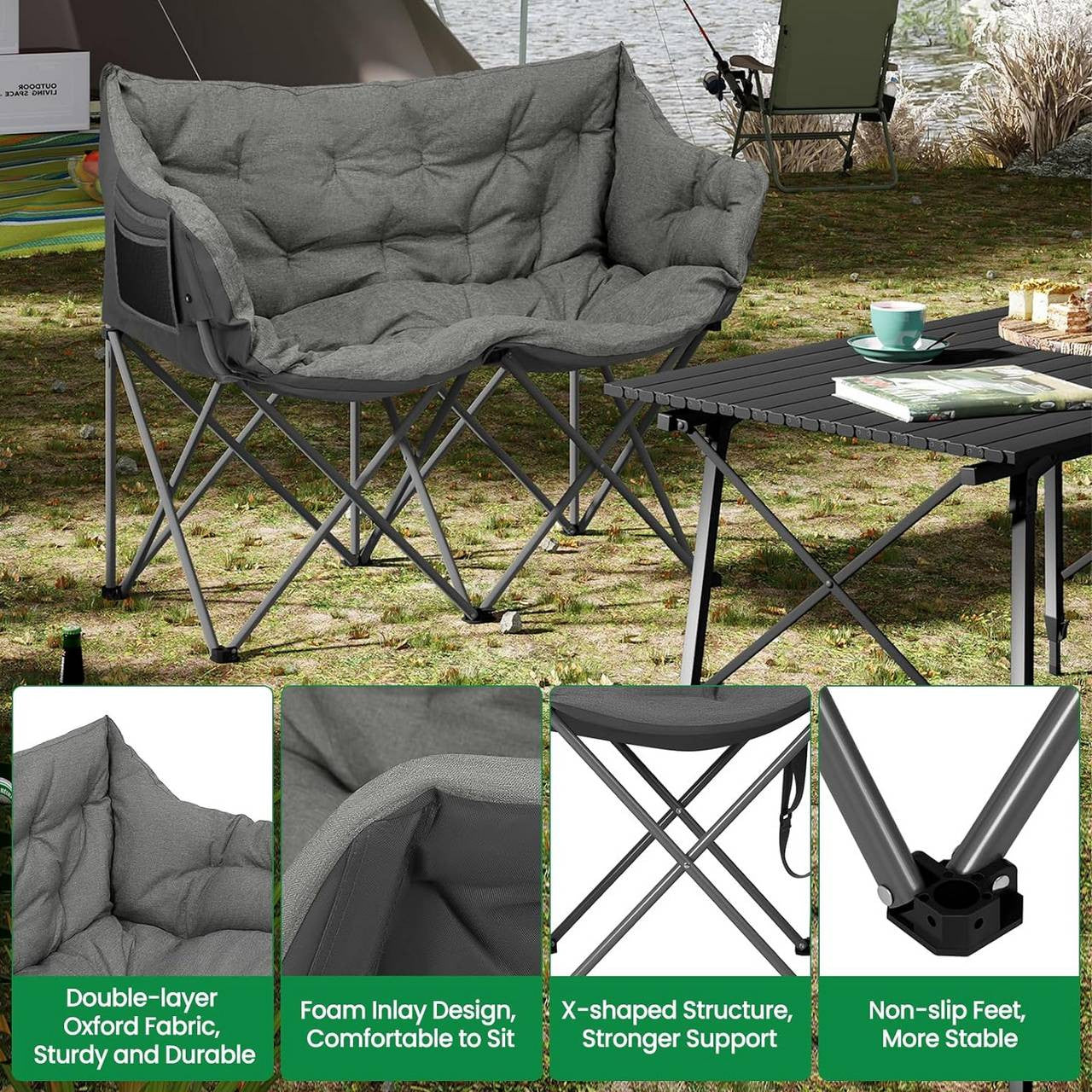 24goodz 2-Person Camping Chair - Comfortable Seating for Outdoor Moments - 300 kg Weight Capacity - Dark Grey
