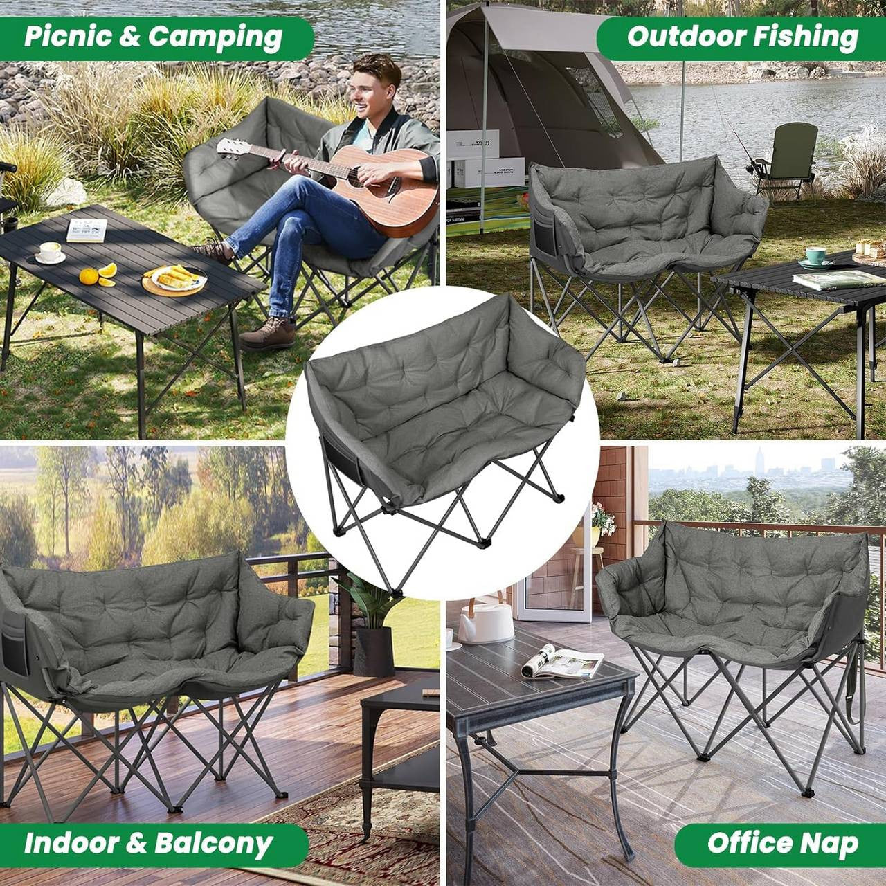24goodz 2-Person Camping Chair - Comfortable Seating for Outdoor Moments - 300 kg Weight Capacity - Dark Grey