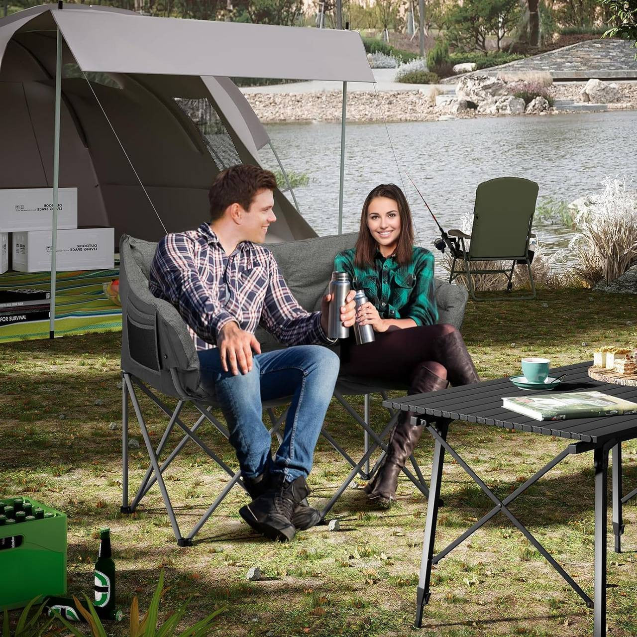 24goodz 2-Person Camping Chair - Comfortable Seating for Outdoor Moments - 300 kg Weight Capacity - Dark Grey