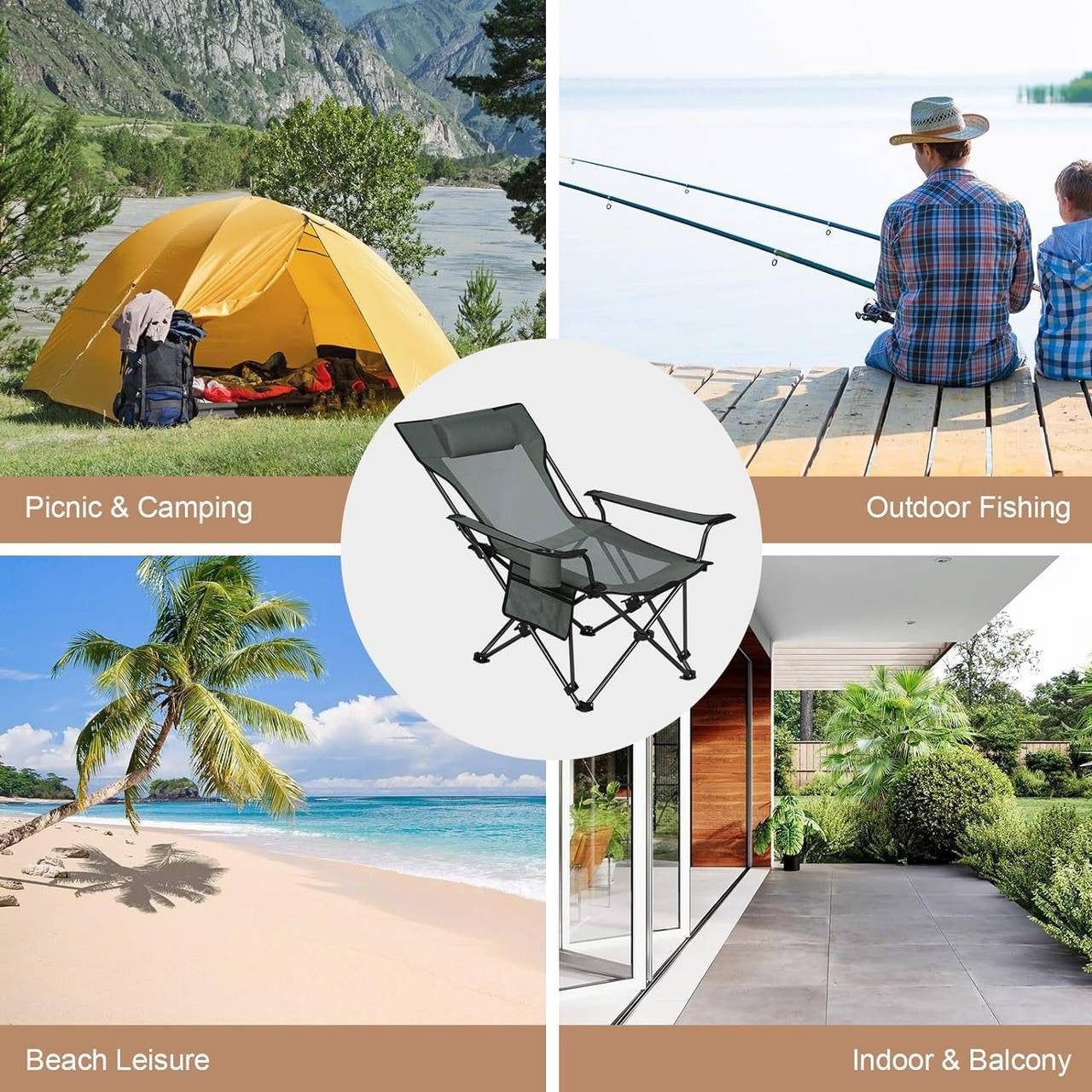 24goodz Foldable Camping Chair - Adjustable Reclining Backrest - Lightweight and Portable - Oxford Fabric - For Outdoor Enthusiasts - Grey