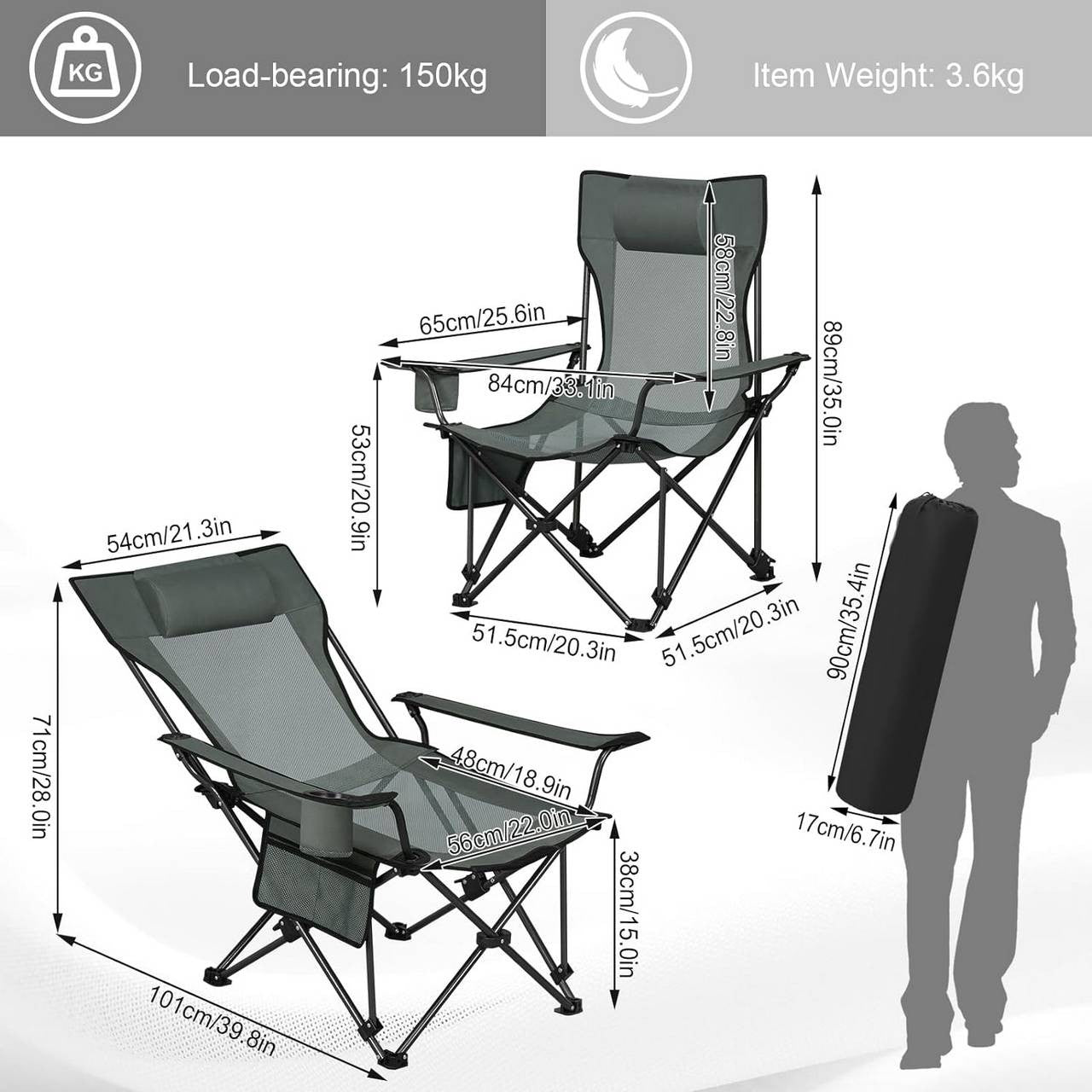 24goodz Foldable Camping Chair - Adjustable Reclining Backrest - Lightweight and Portable - Oxford Fabric - For Outdoor Enthusiasts - Grey