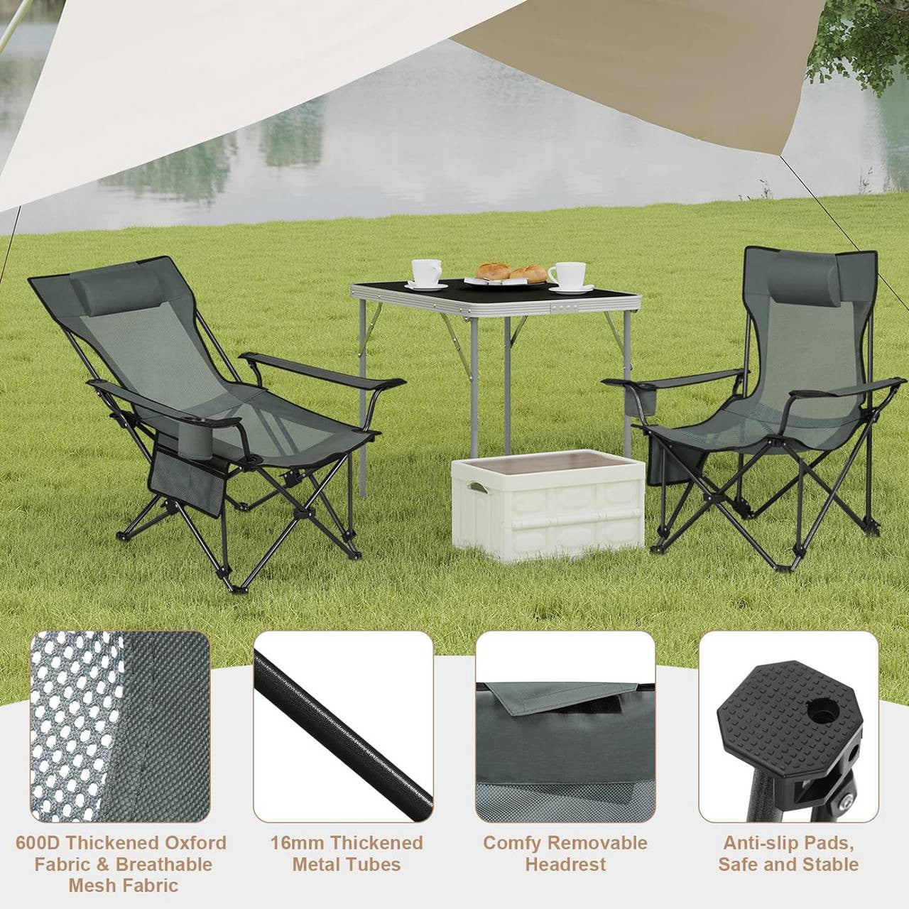 24goodz Foldable Camping Chair - Adjustable Reclining Backrest - Lightweight and Portable - Oxford Fabric - For Outdoor Enthusiasts - Grey