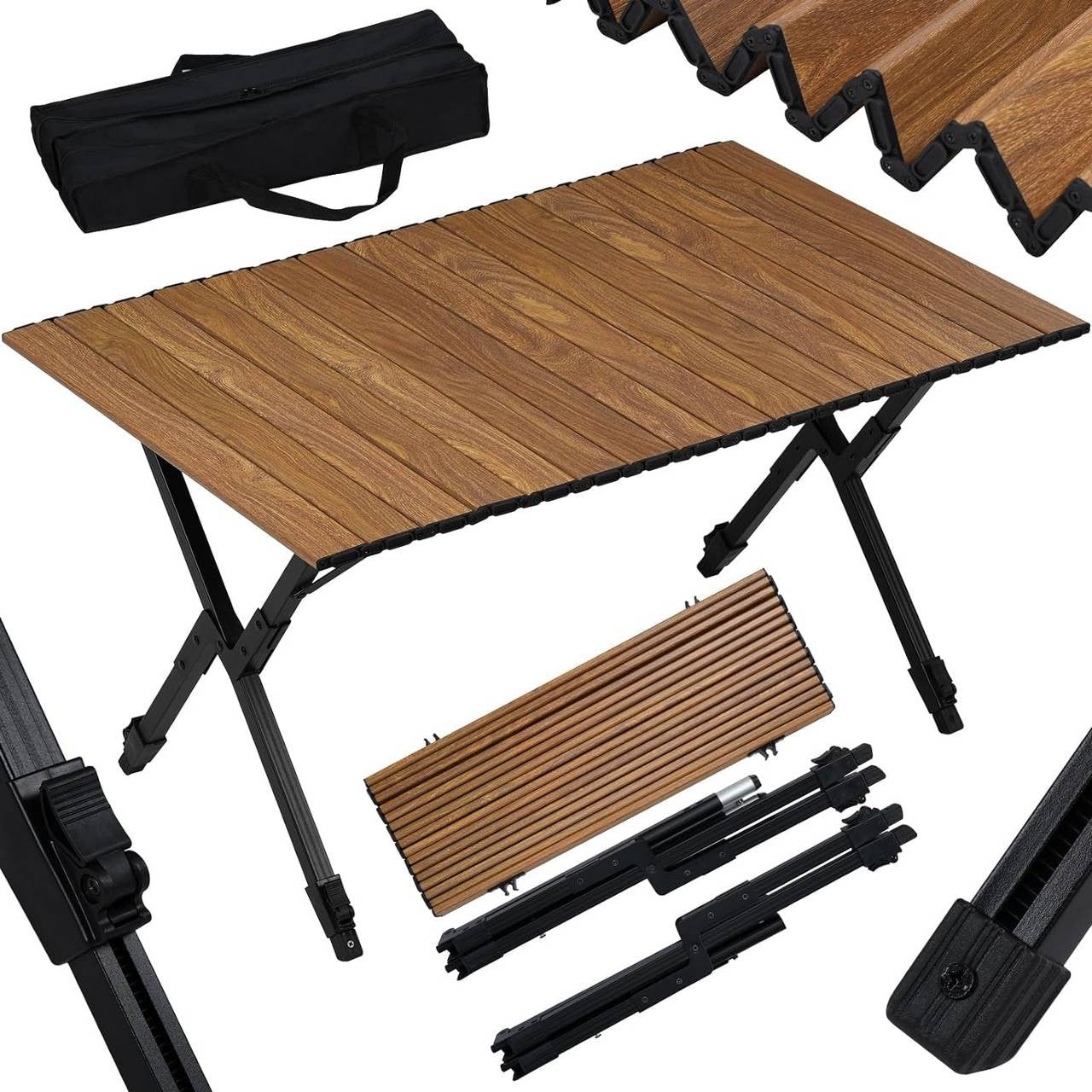 24goodz Folding Camping Table - Height Adjustable - Lightweight and Portable - Aluminium Alloy - Outdoor Enthusiasts - Wood Look