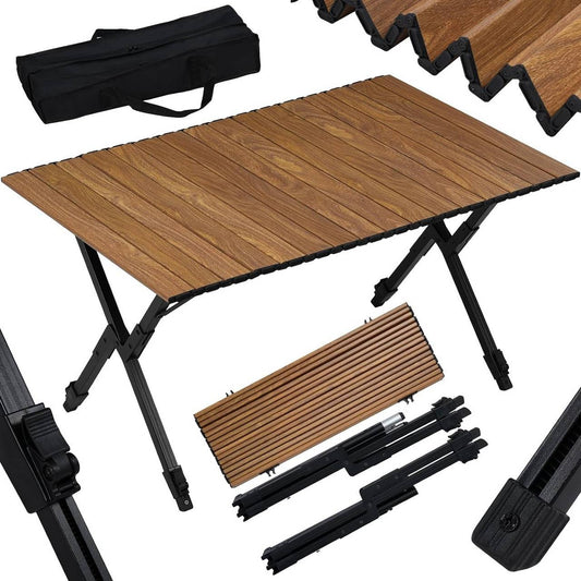 24goodz Folding Camping Table - Height Adjustable - Lightweight and Portable - Aluminium Alloy - Outdoor Enthusiasts - Wood Look