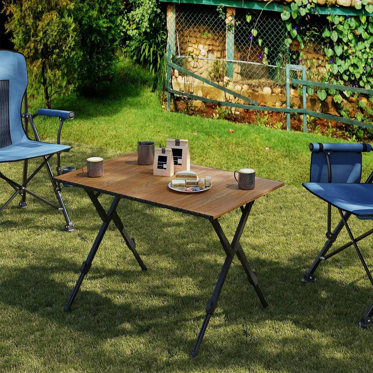 24goodz Folding Camping Table - Height Adjustable - Lightweight and Portable - Aluminium Alloy - Outdoor Enthusiasts - Wood Look