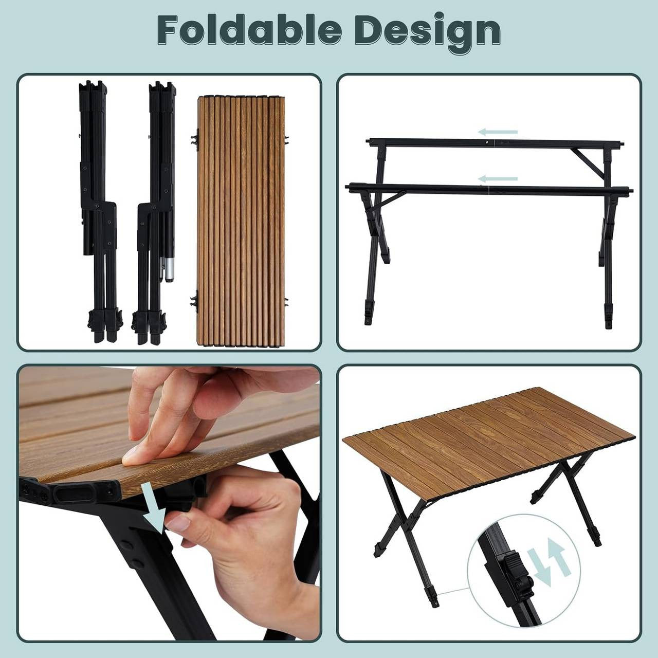 24goodz Folding Camping Table - Height Adjustable - Lightweight and Portable - Aluminium Alloy - Outdoor Enthusiasts - Wood Look