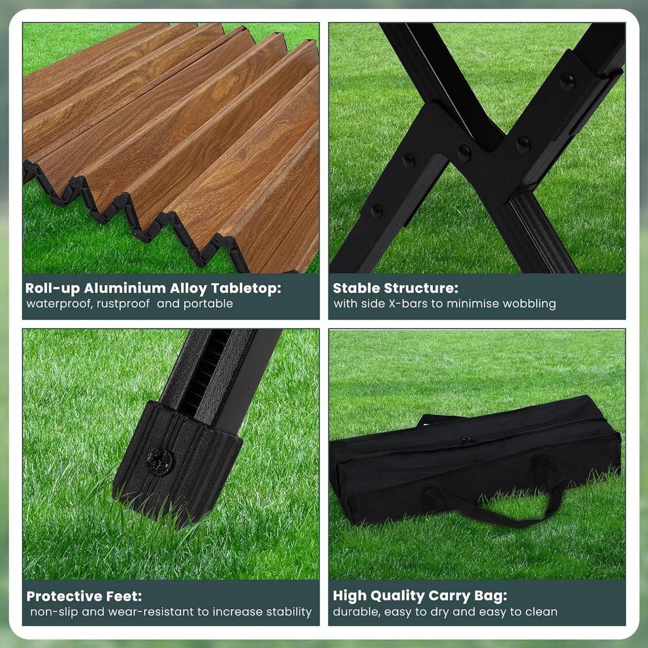 24goodz Folding Camping Table - Height Adjustable - Lightweight and Portable - Aluminium Alloy - Outdoor Enthusiasts - Wood Look